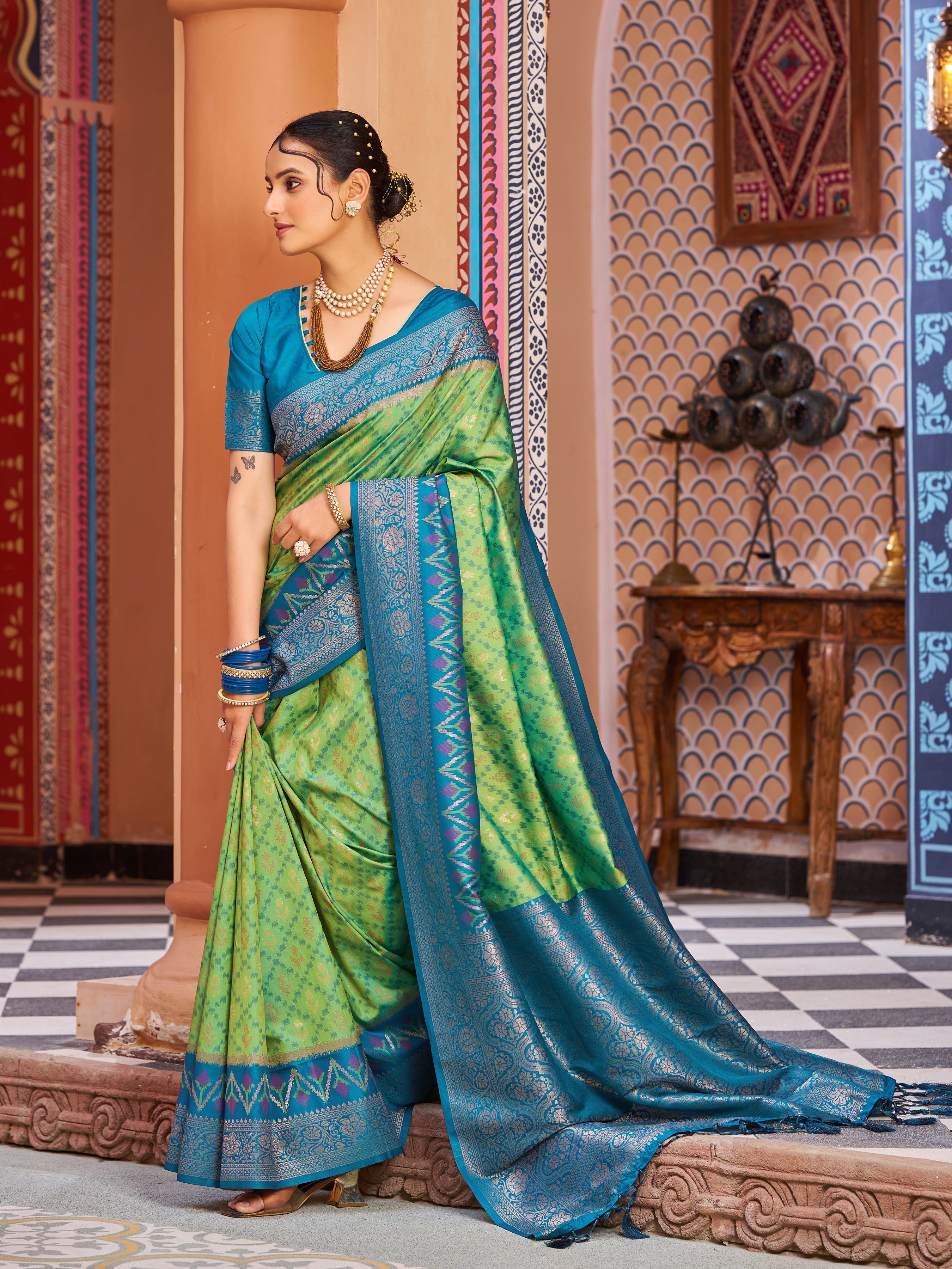 Pista Elegant Banarasi Tissue Silk Saree with Zari Woven Design
