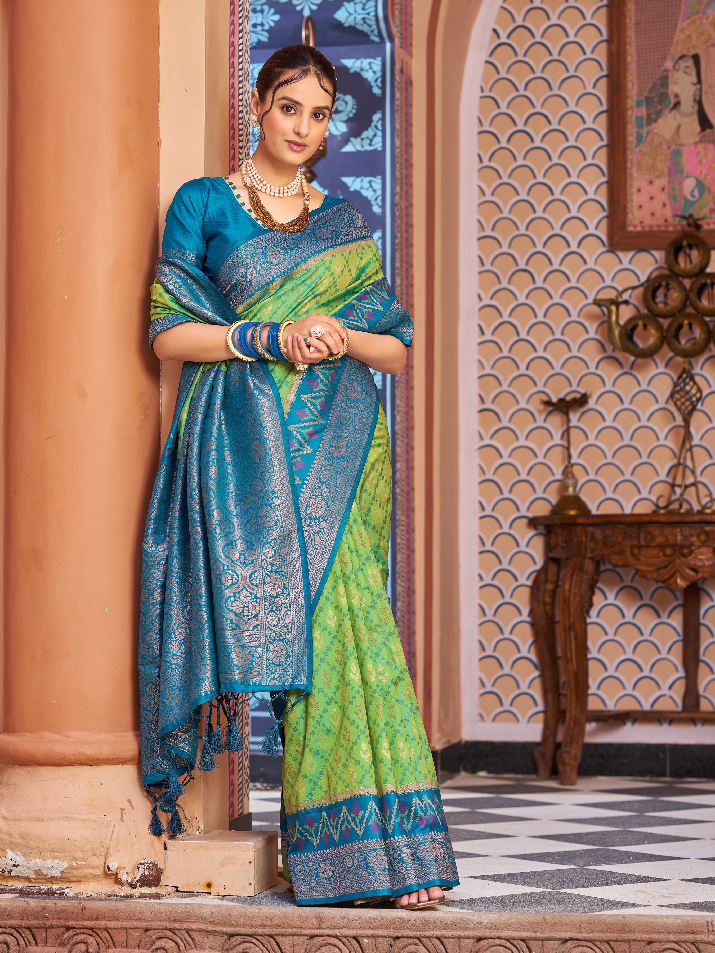 Pista Elegant Banarasi Tissue Silk Saree with Zari Woven Design