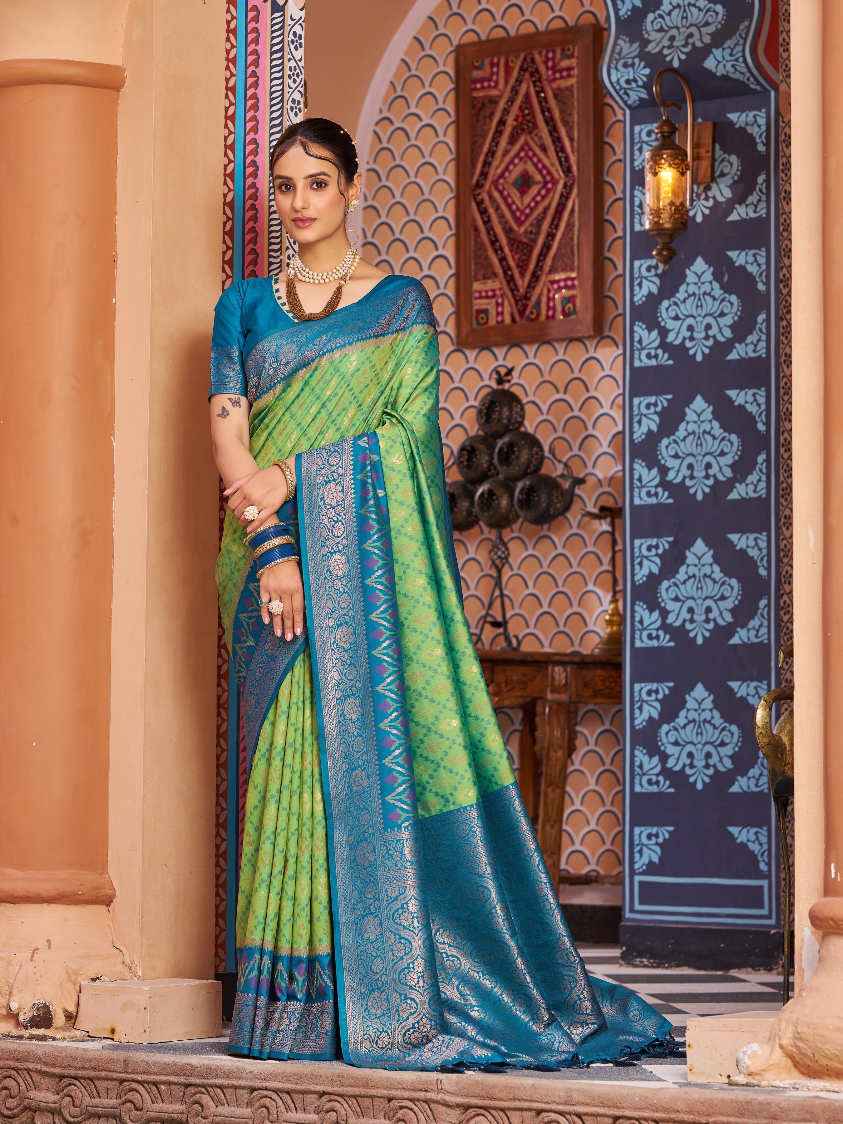 Pista Elegant Banarasi Tissue Silk Saree with Zari Woven Design