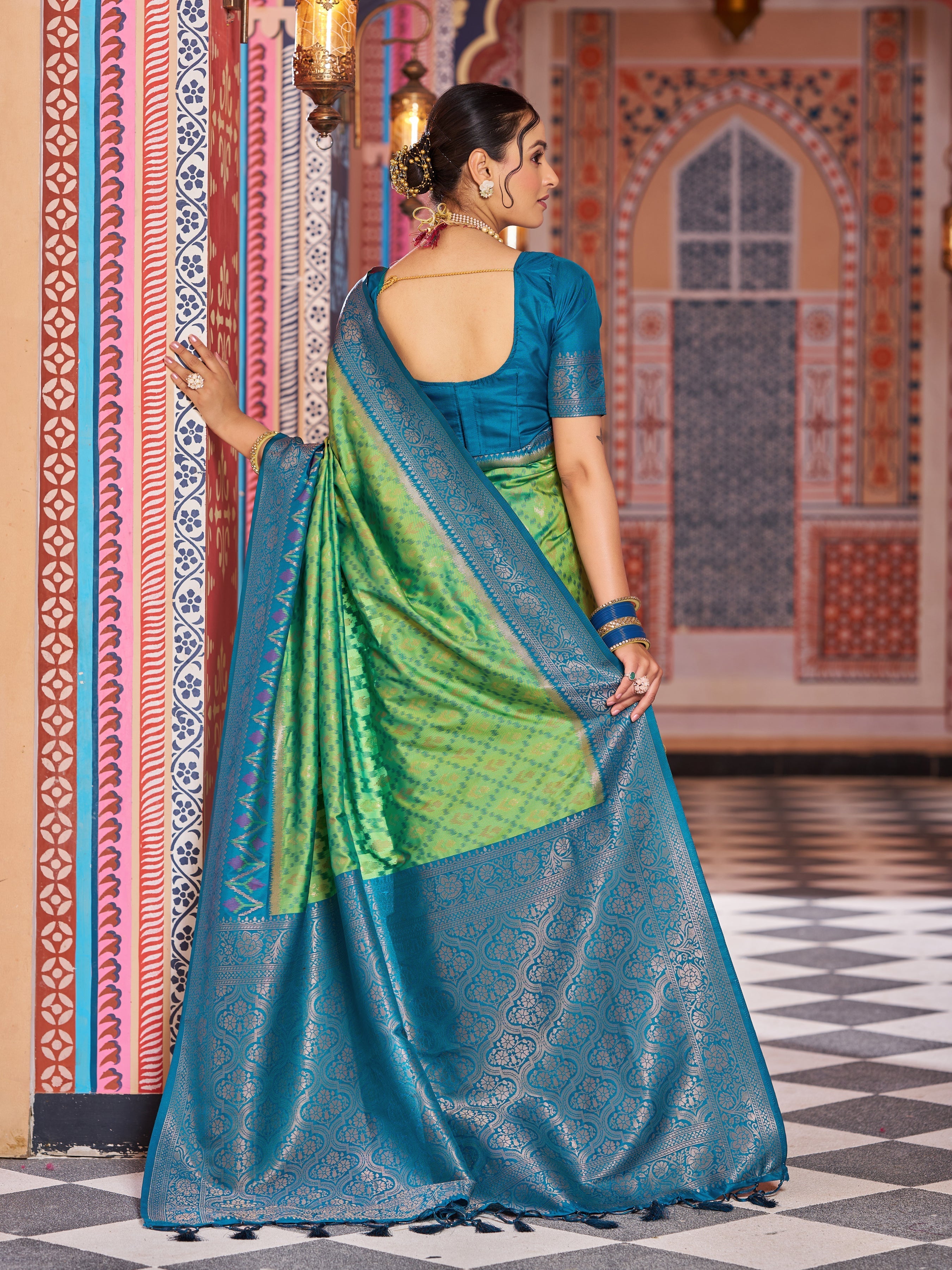 Pista Elegant Banarasi Tissue Silk Saree with Zari Woven Design