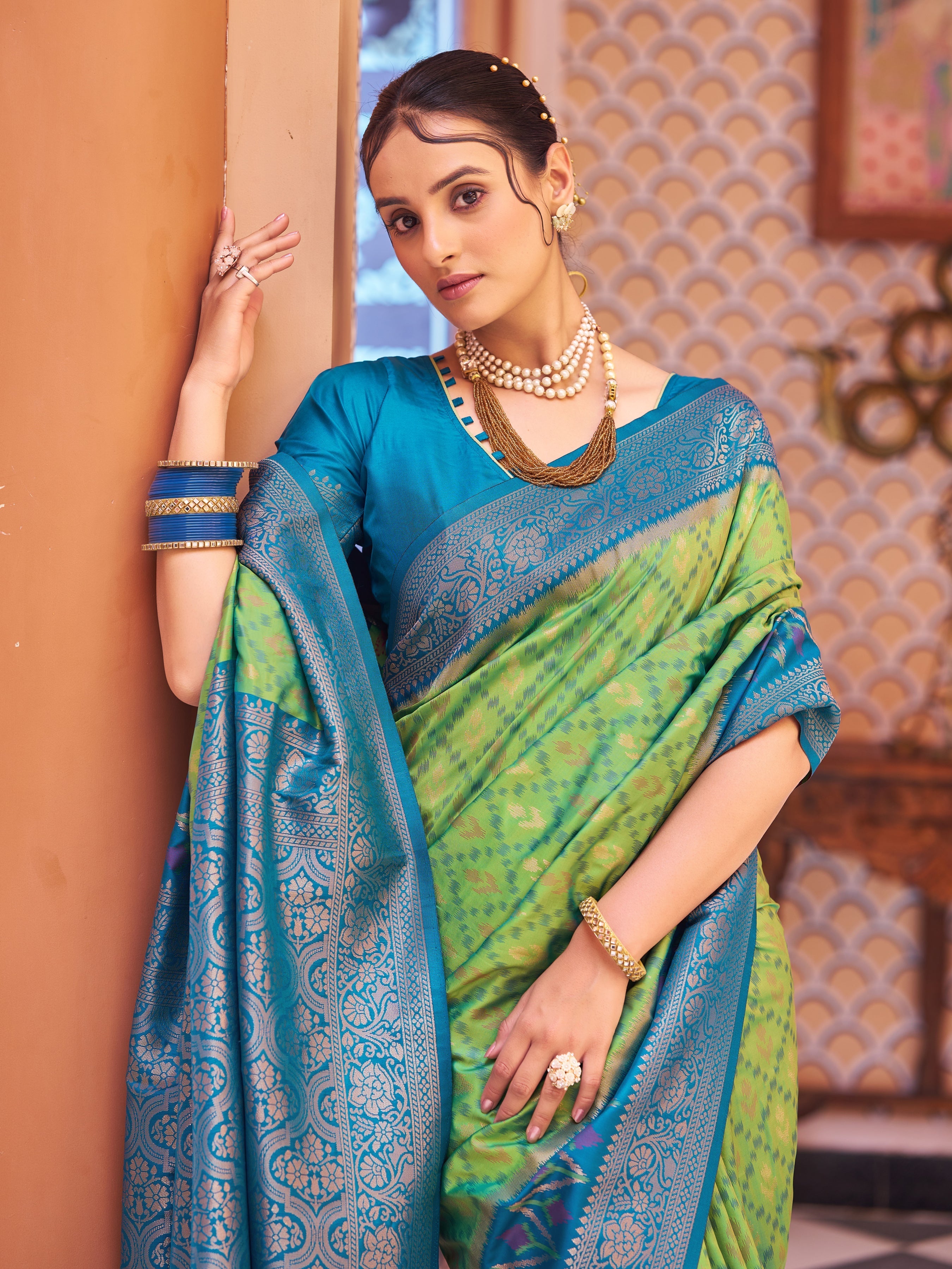 Pista Elegant Banarasi Tissue Silk Saree with Zari Woven Design