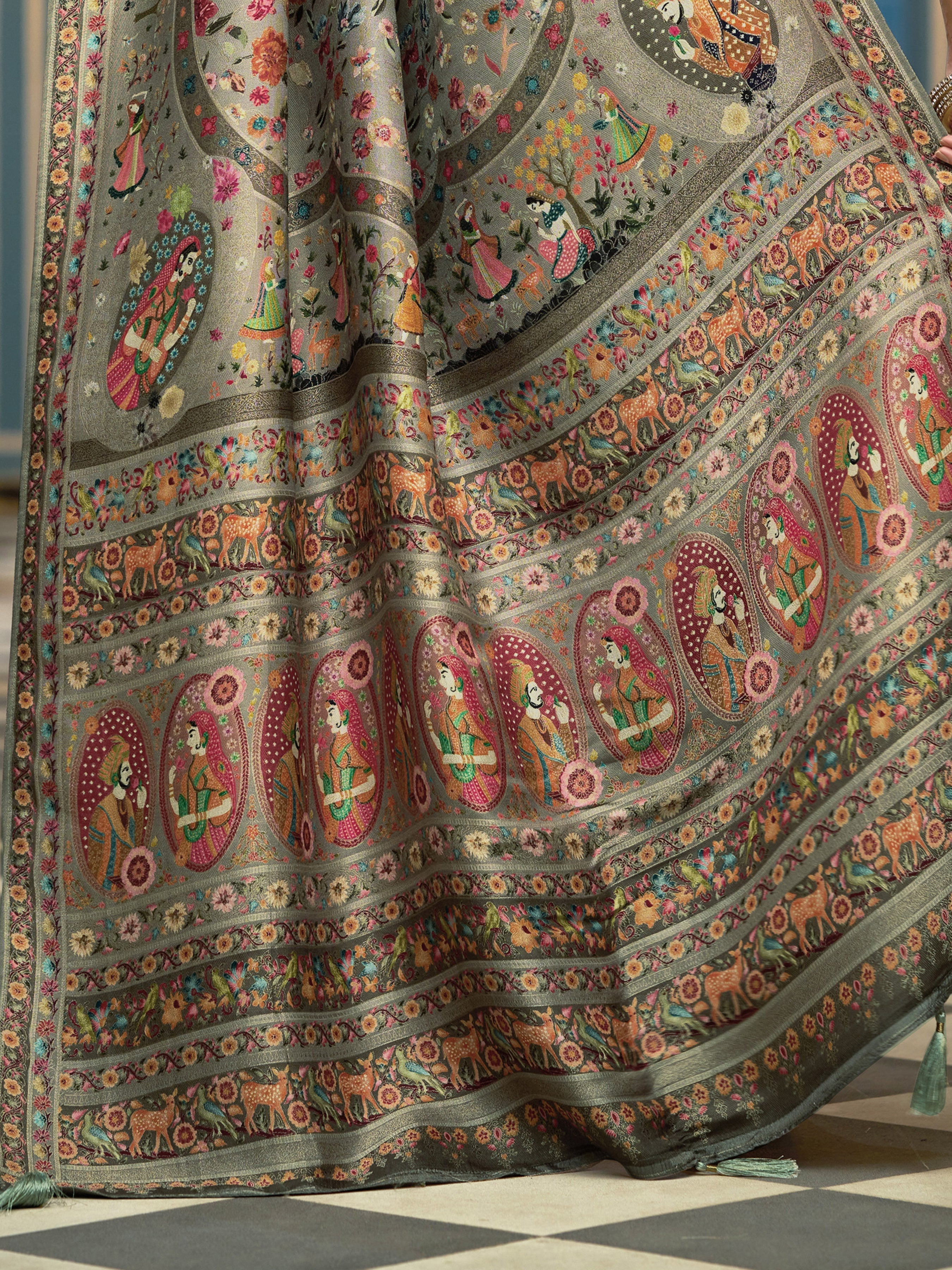 Pista Elegant Pashmina Kashmiri Jacquard Saree with Kalamkari & Meenakari Weaving