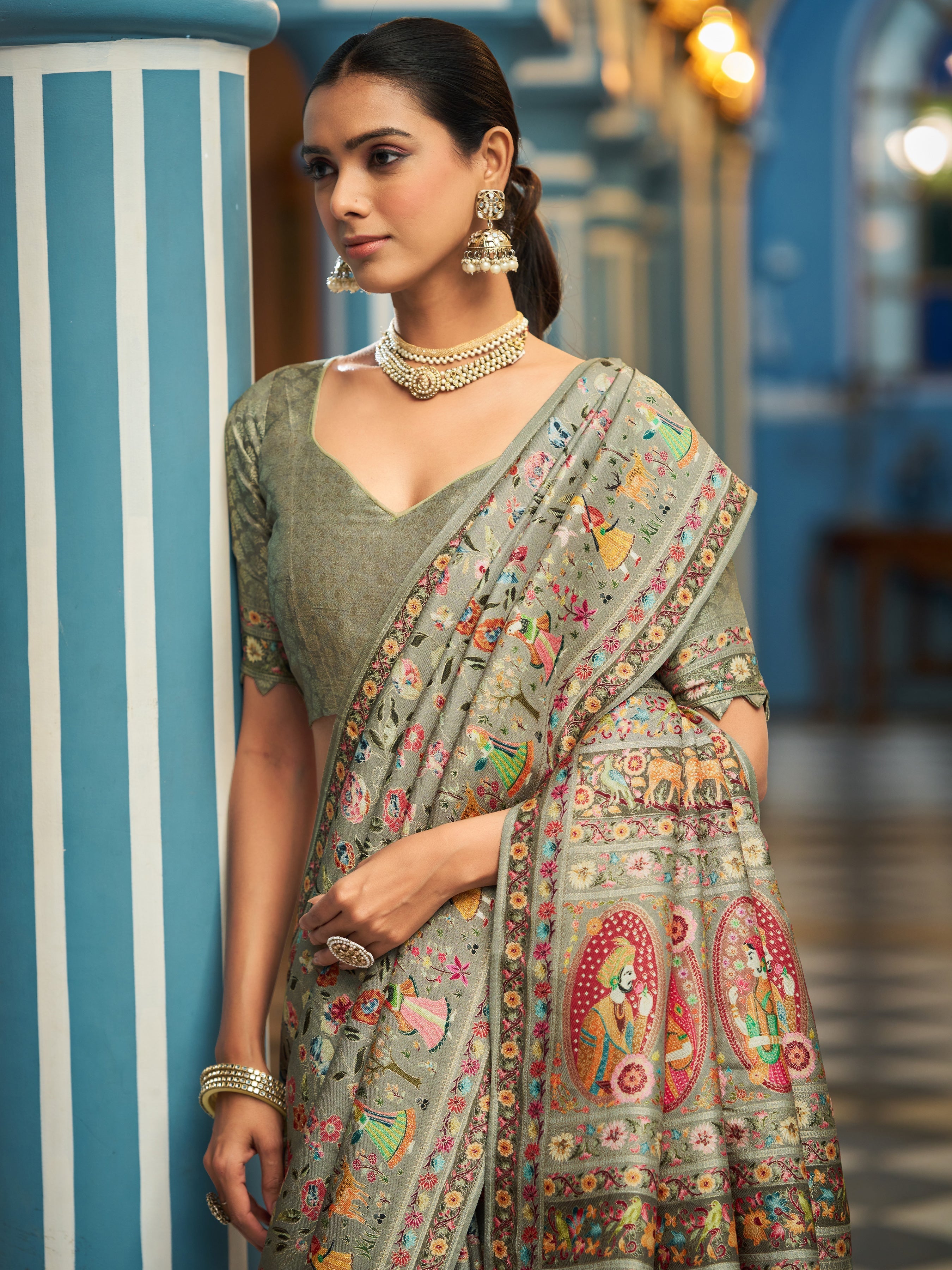 Pista Elegant Pashmina Kashmiri Jacquard Saree with Kalamkari & Meenakari Weaving