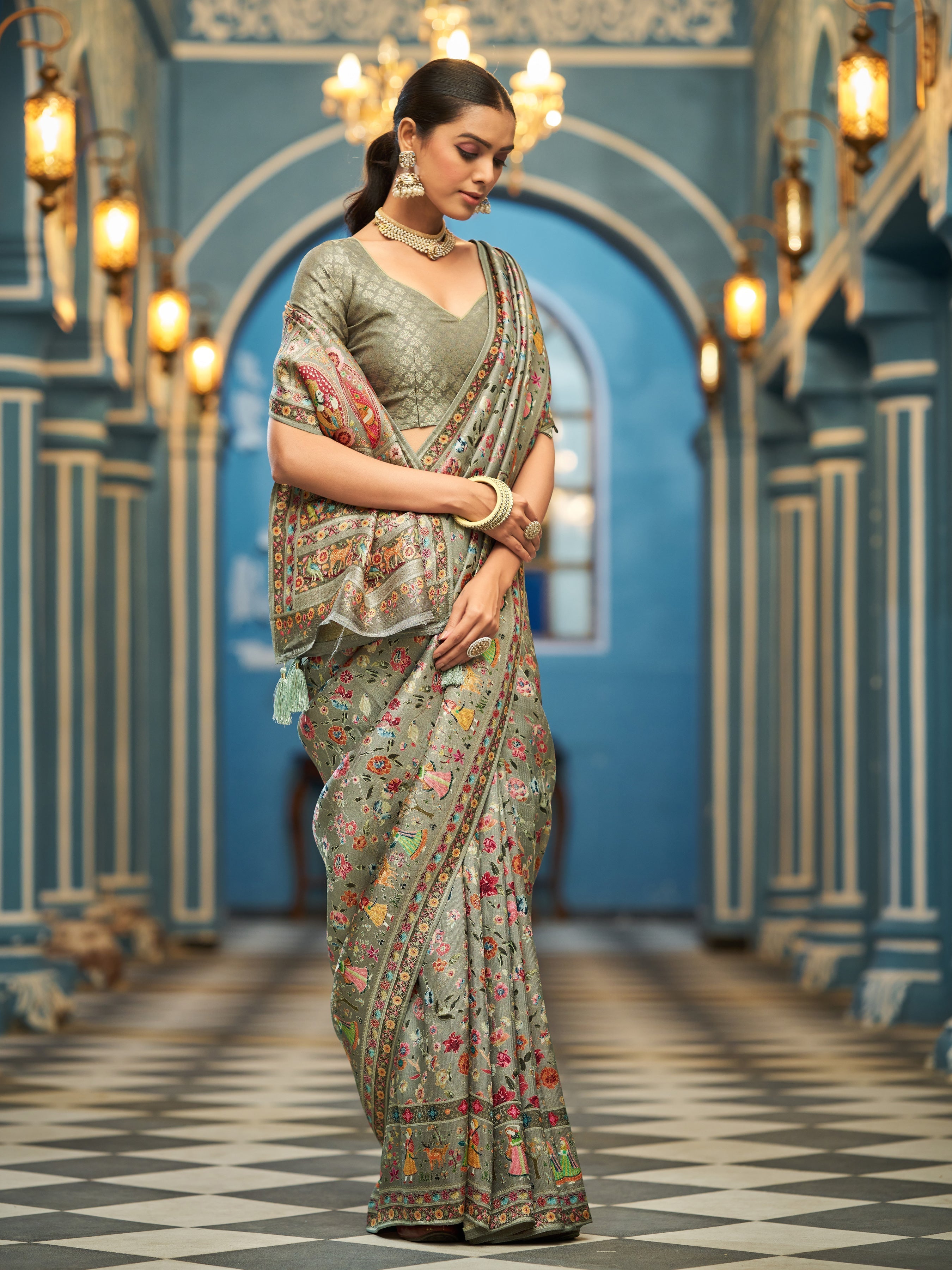 Pista Elegant Pashmina Kashmiri Jacquard Saree with Kalamkari & Meenakari Weaving