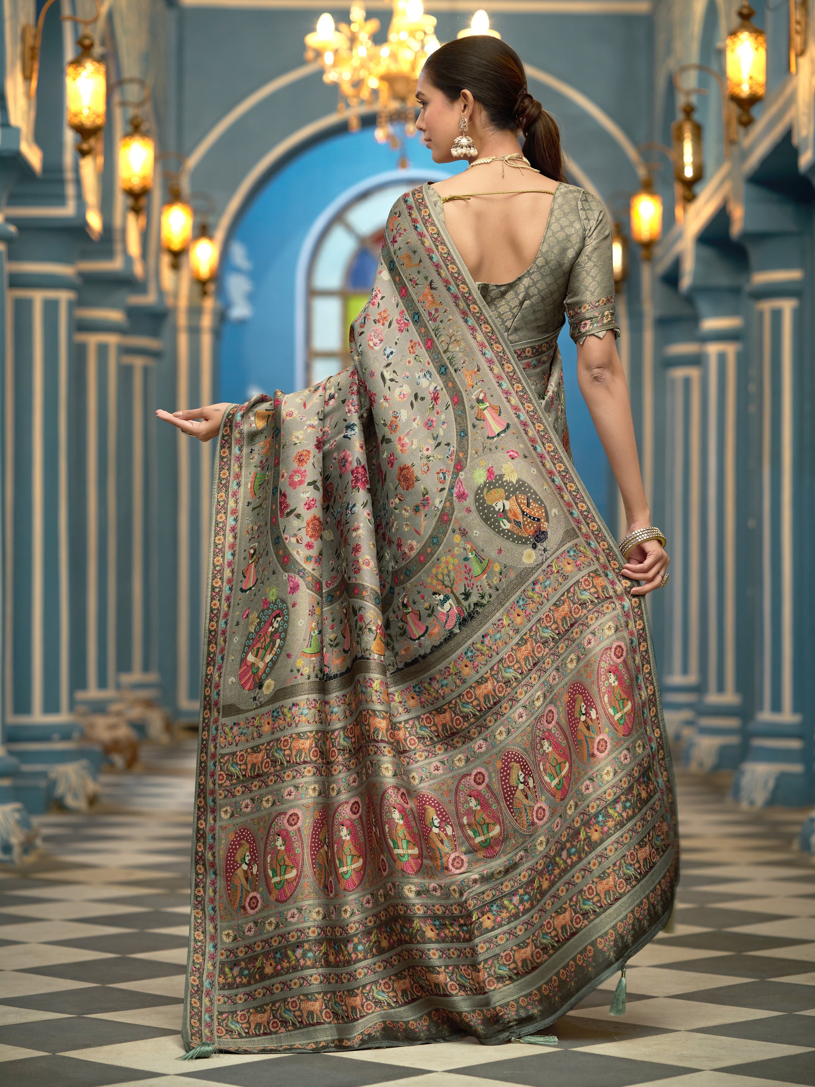 Pista Elegant Pashmina Kashmiri Jacquard Saree with Kalamkari & Meenakari Weaving