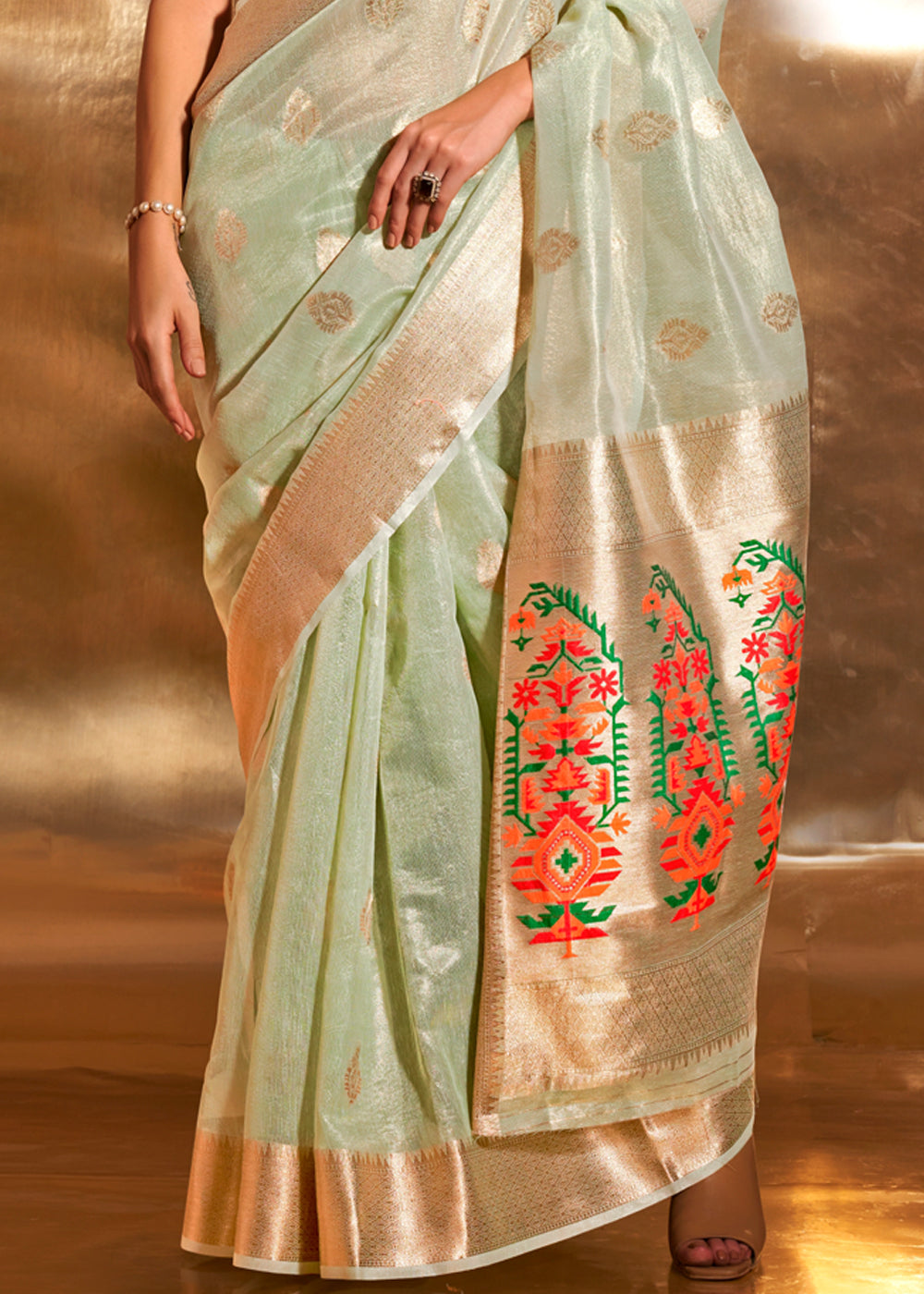 Pista Elegant Tissue Paithani Silk Saree with Designer Border & Embroidered Pallu
