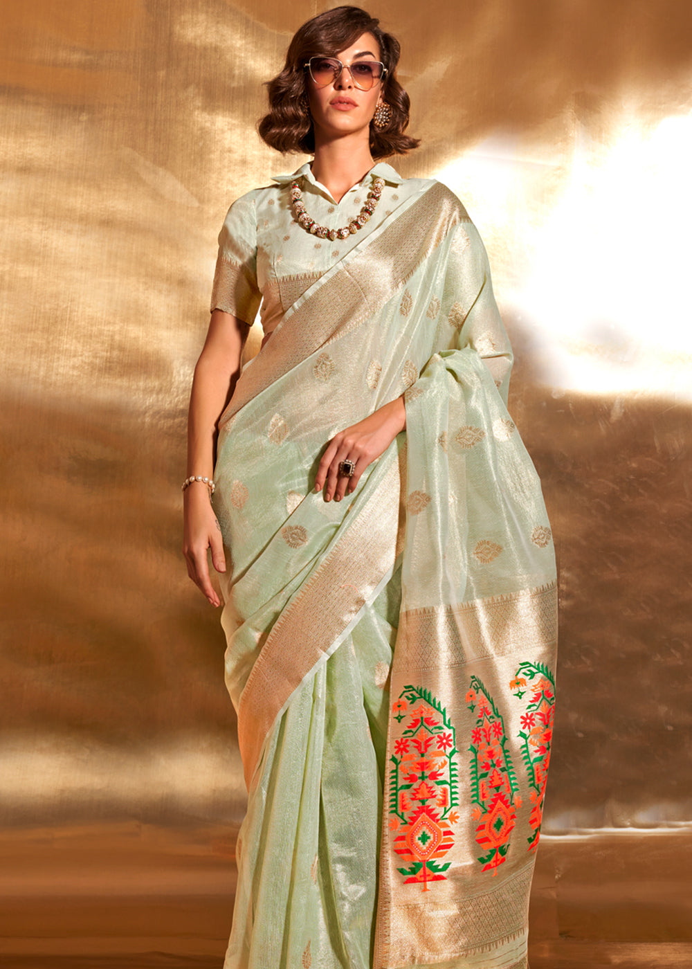 Pista Elegant Tissue Paithani Silk Saree with Designer Border & Embroidered Pallu