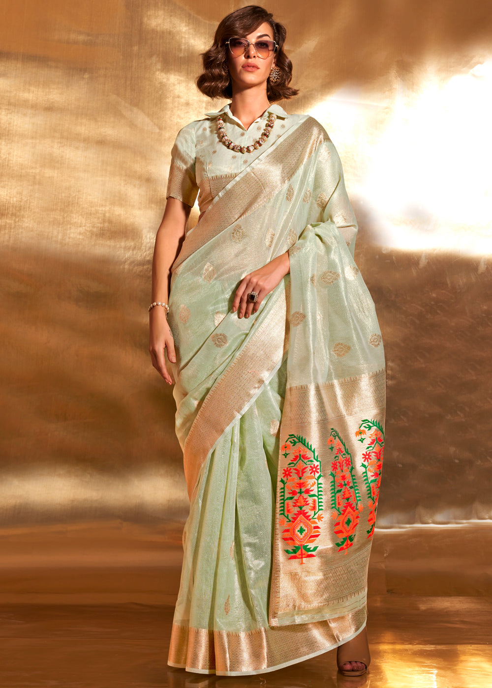 Pista Elegant Tissue Paithani Silk Saree with Designer Border & Embroidered Pallu
