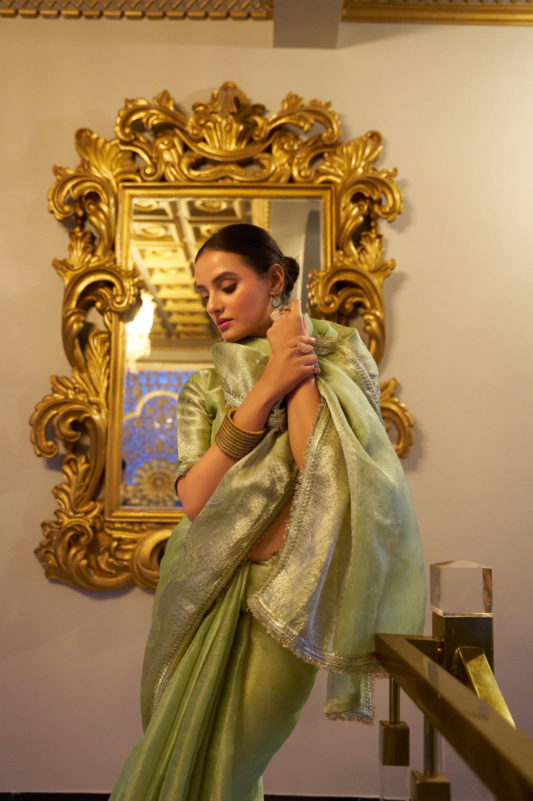 Pista Elegant Tissue Shimmer Saree with Zari Weaving and Sequins Lace Border