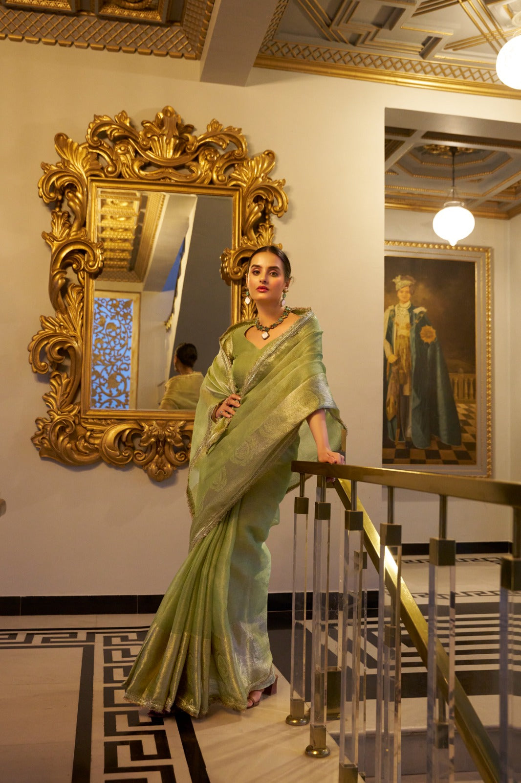 Pista Elegant Tissue Shimmer Saree with Zari Weaving and Sequins Lace Border