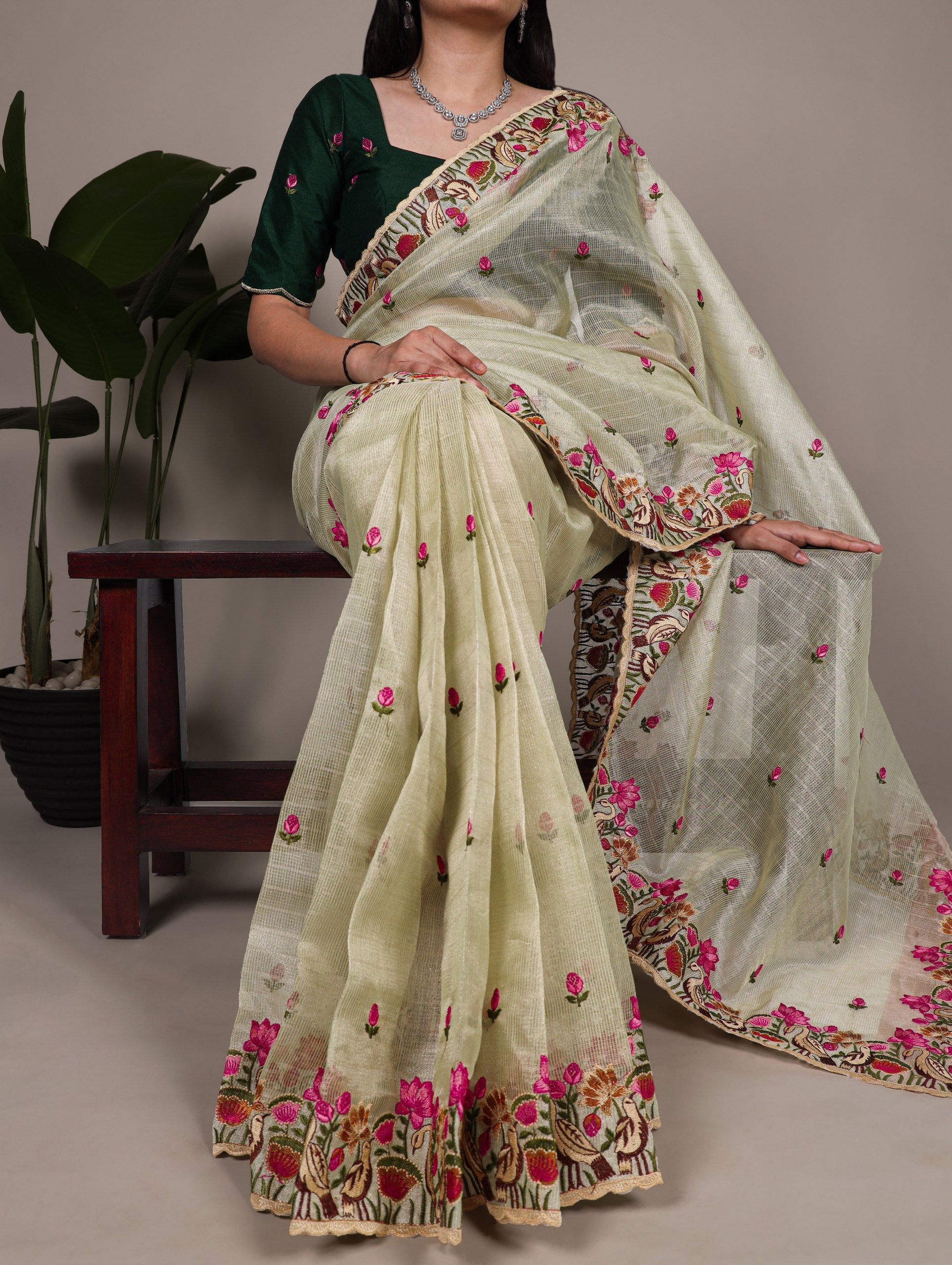 Pista Elegant Zari Kota Tissue Saree with Exquisite Thread Embroidery Work and Banglory Blouse Piece – Premium Ethnic Ensemble