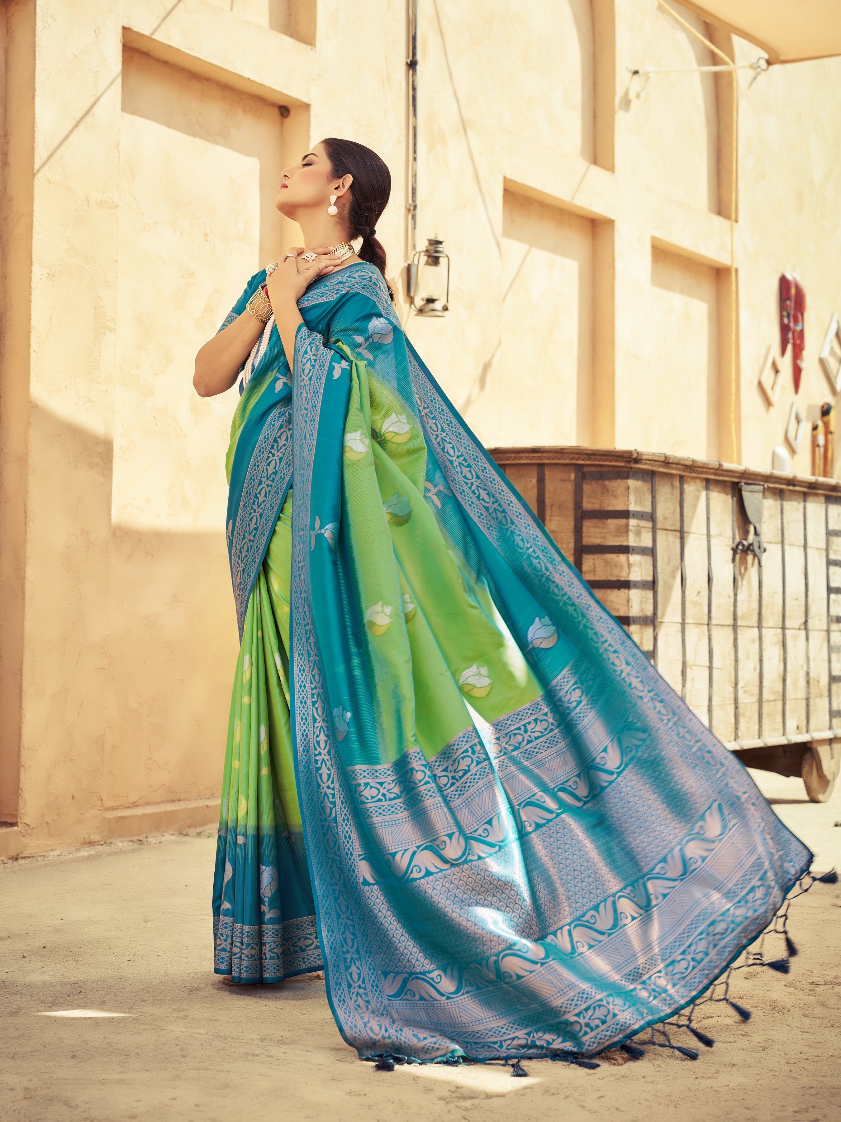 Pista Elegant Zari Woven Cotton Slub Saree with Georgette Blouse