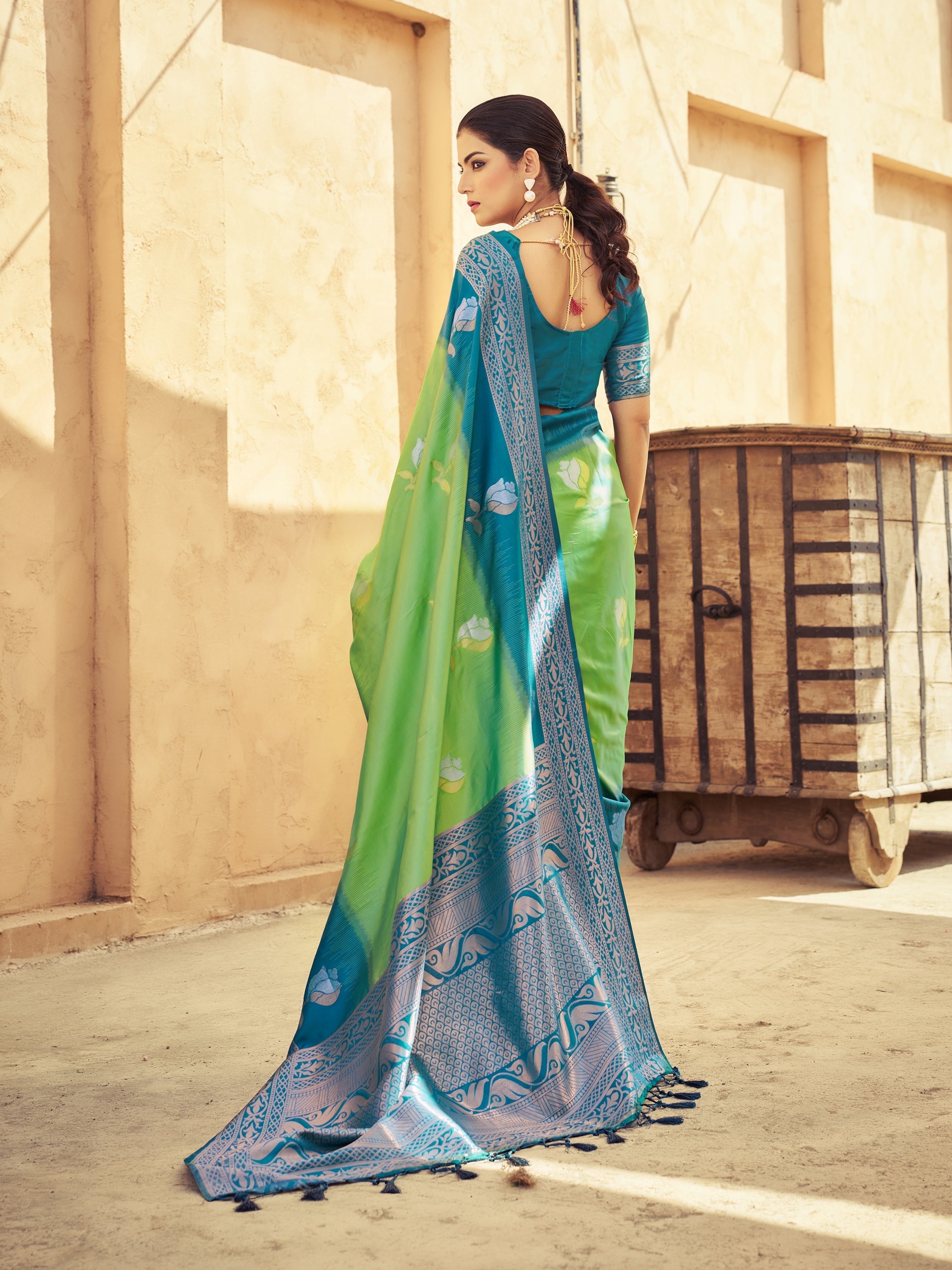 Pista Elegant Zari Woven Cotton Slub Saree with Georgette Blouse