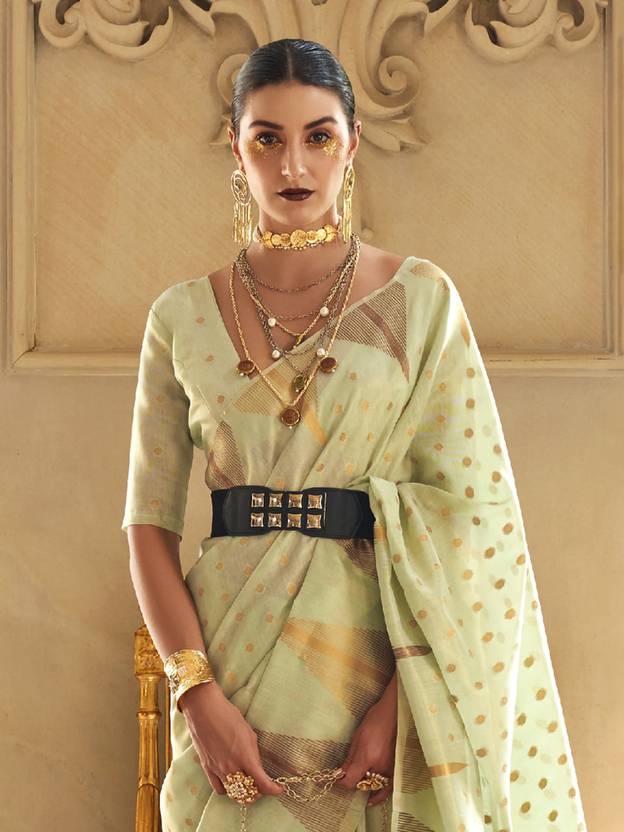 Pista Embroidered Banarasi Tissue Saree with Tassels