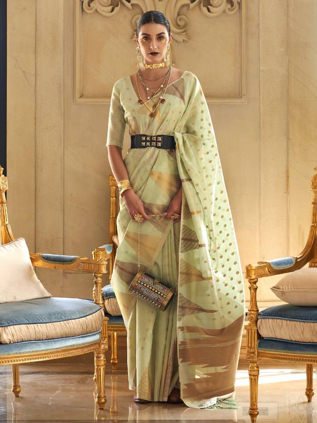 Pista Embroidered Banarasi Tissue Saree with Tassels