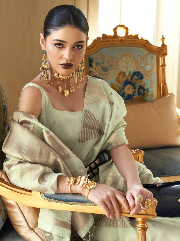 Pista Embroidered Banarasi Tissue Saree with Tassels