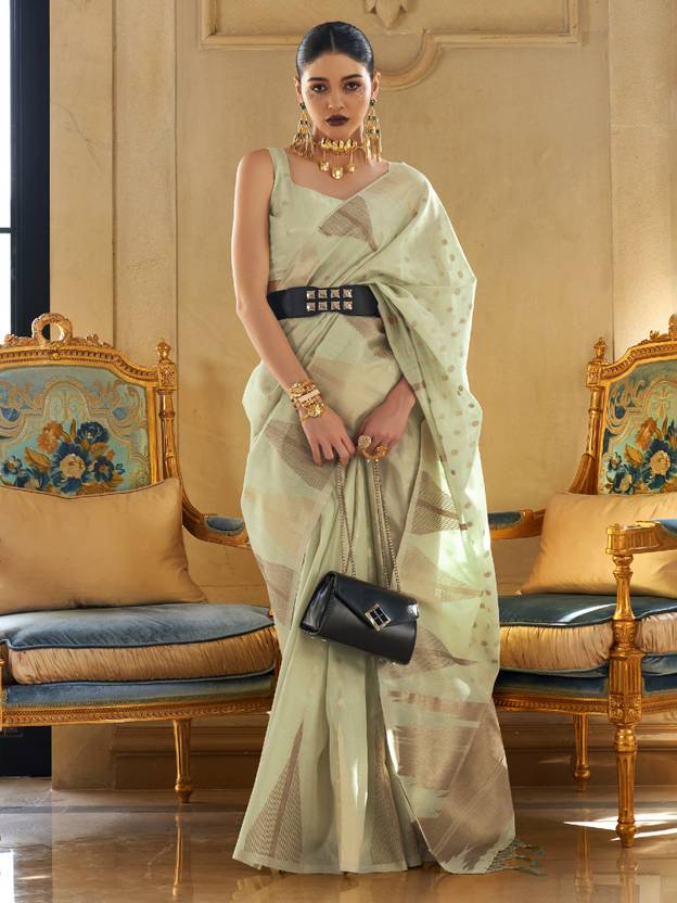 Pista Embroidered Banarasi Tissue Saree with Tassels