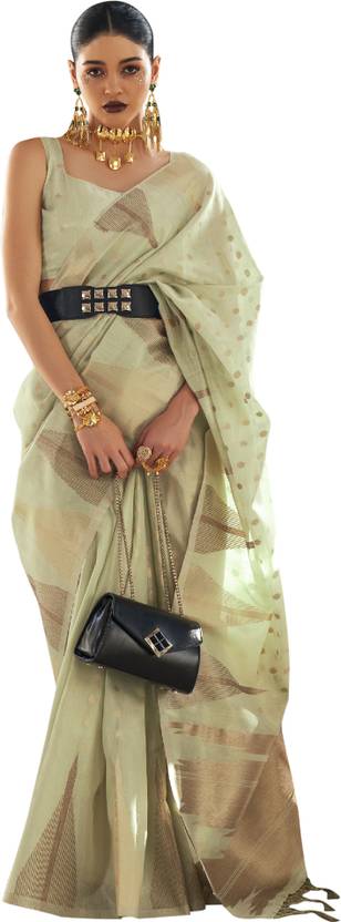 Pista Embroidered Banarasi Tissue Saree with Tassels