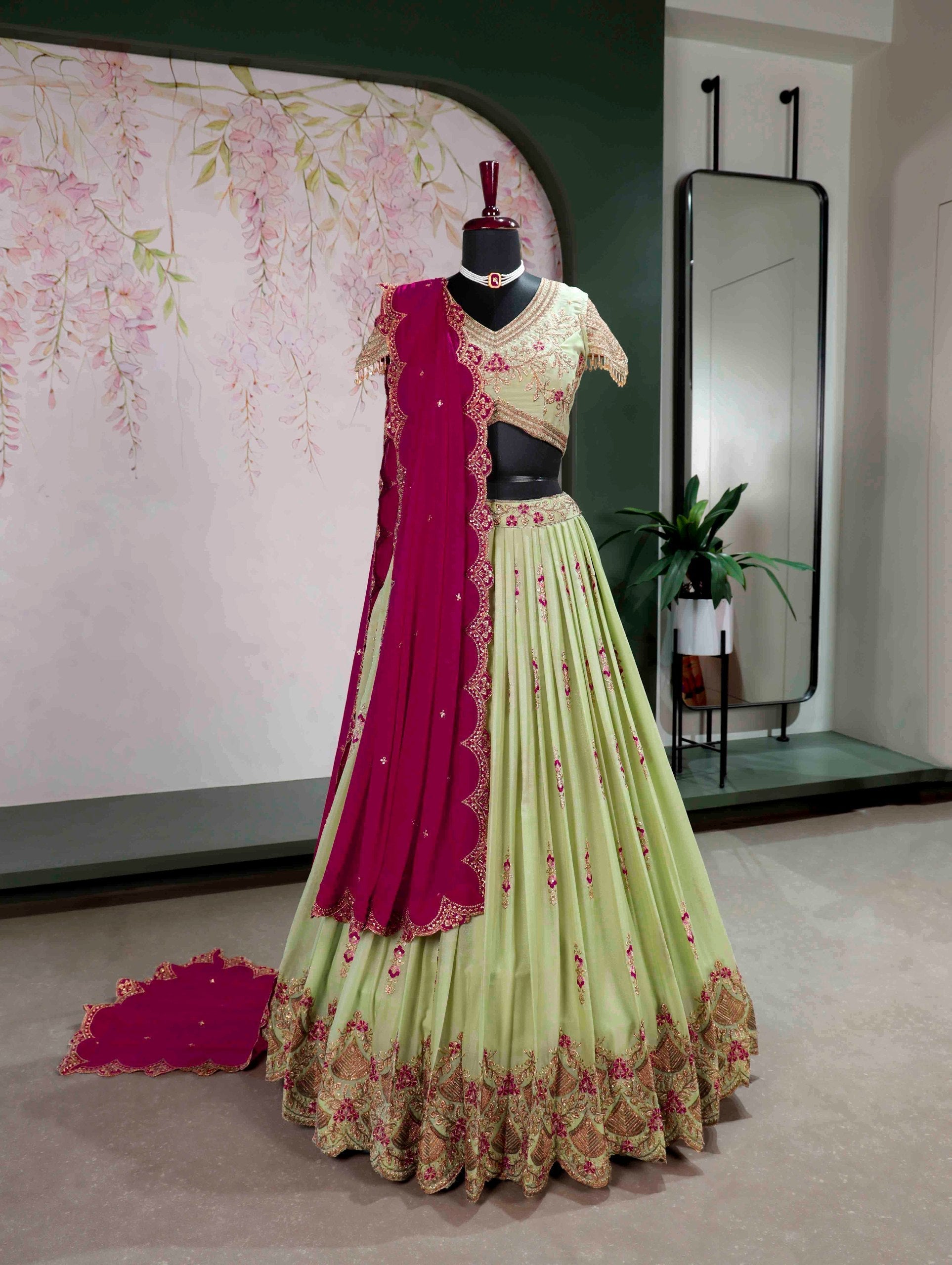 Pista Georgette Embroidered Lehenga