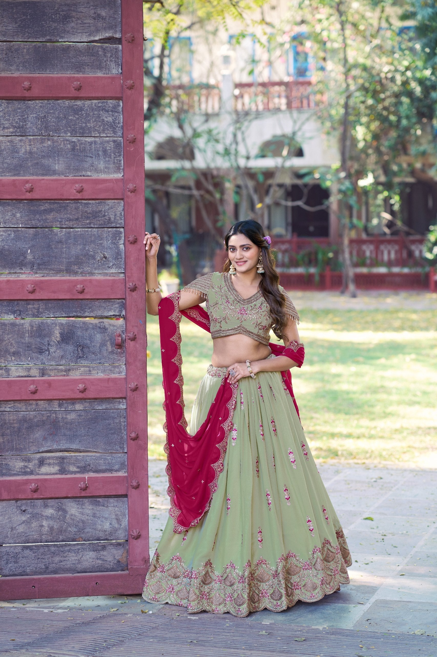 Pista Georgette Embroidered Lehenga