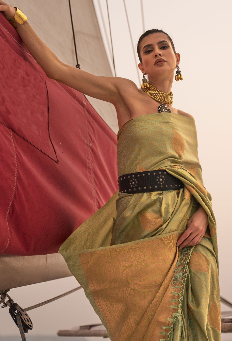 Pista Graceful Silk Blend Kanjivaram Saree with Tassel Detailing