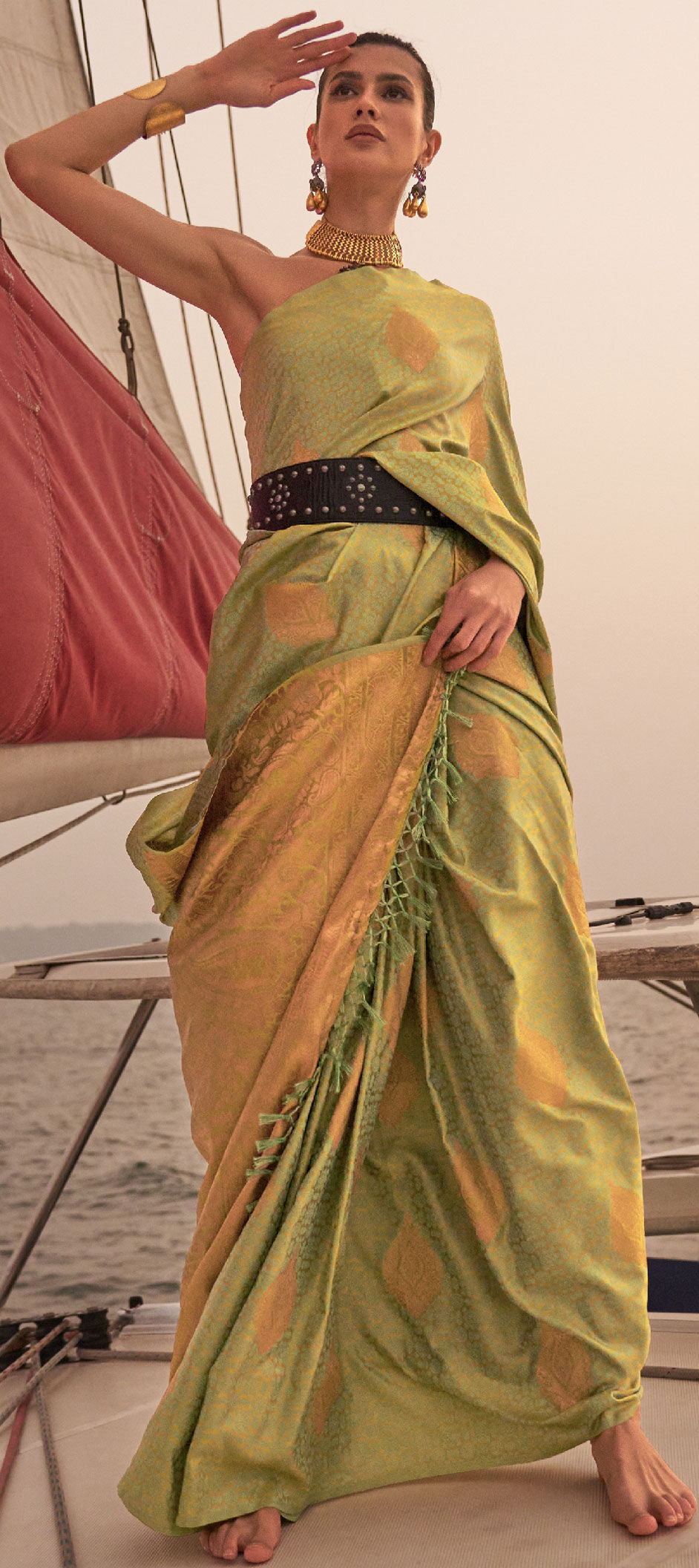Pista Graceful Silk Blend Kanjivaram Saree with Tassel Detailing