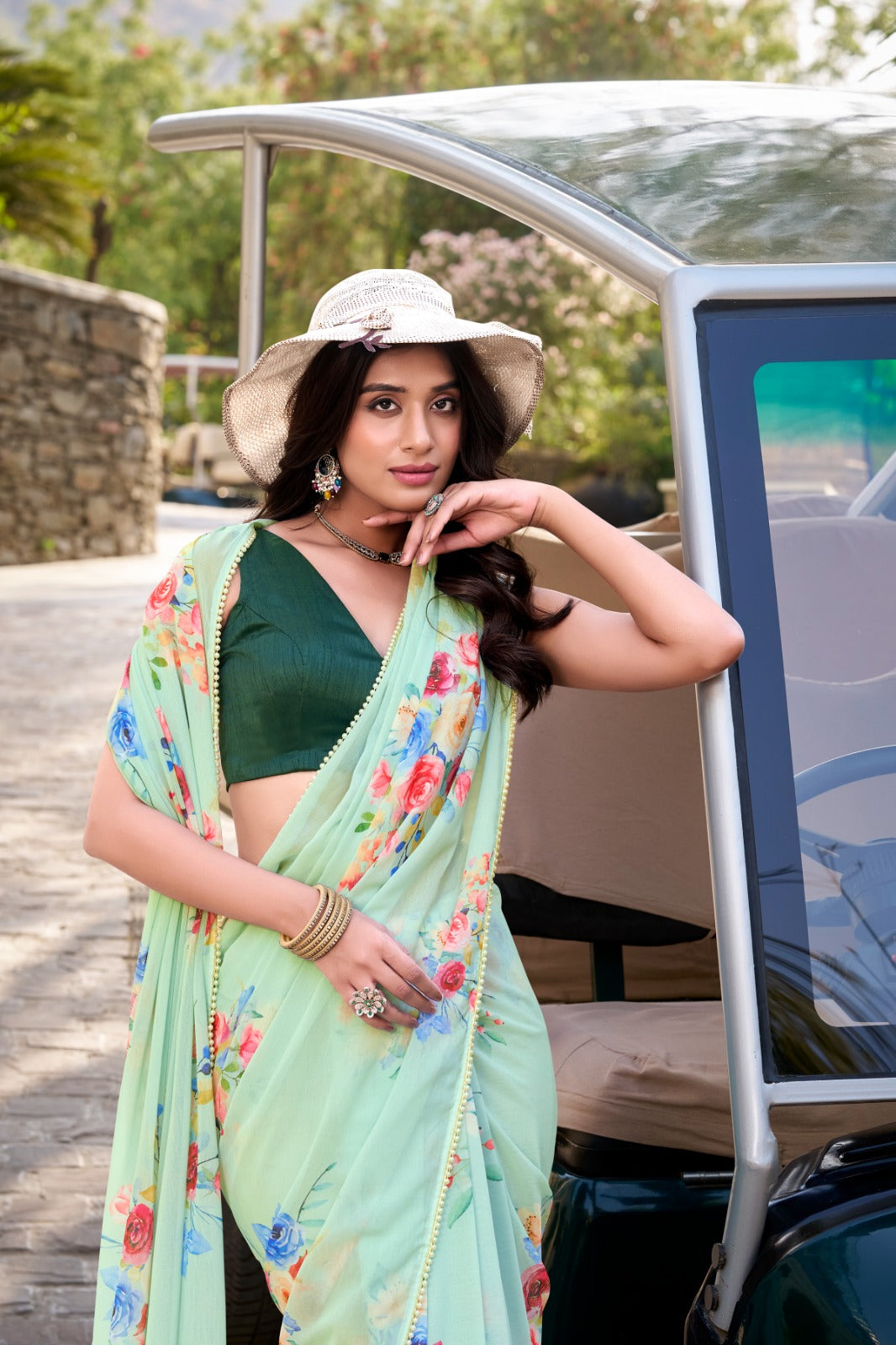 Pista Graceful Weightless Marble Saree with Floral Print & Pearl Lace Border – Includes Banglory Blouse Piece