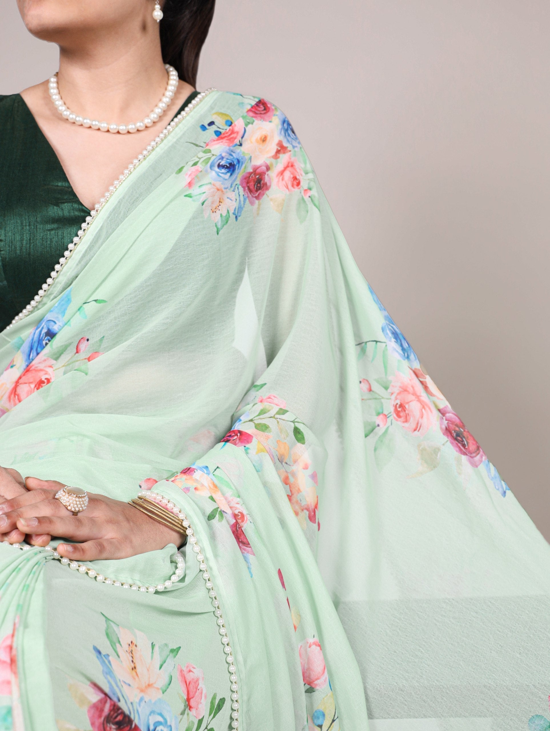 Pista Graceful Weightless Marble Saree with Floral Print & Pearl Lace Border – Includes Banglory Blouse Piece