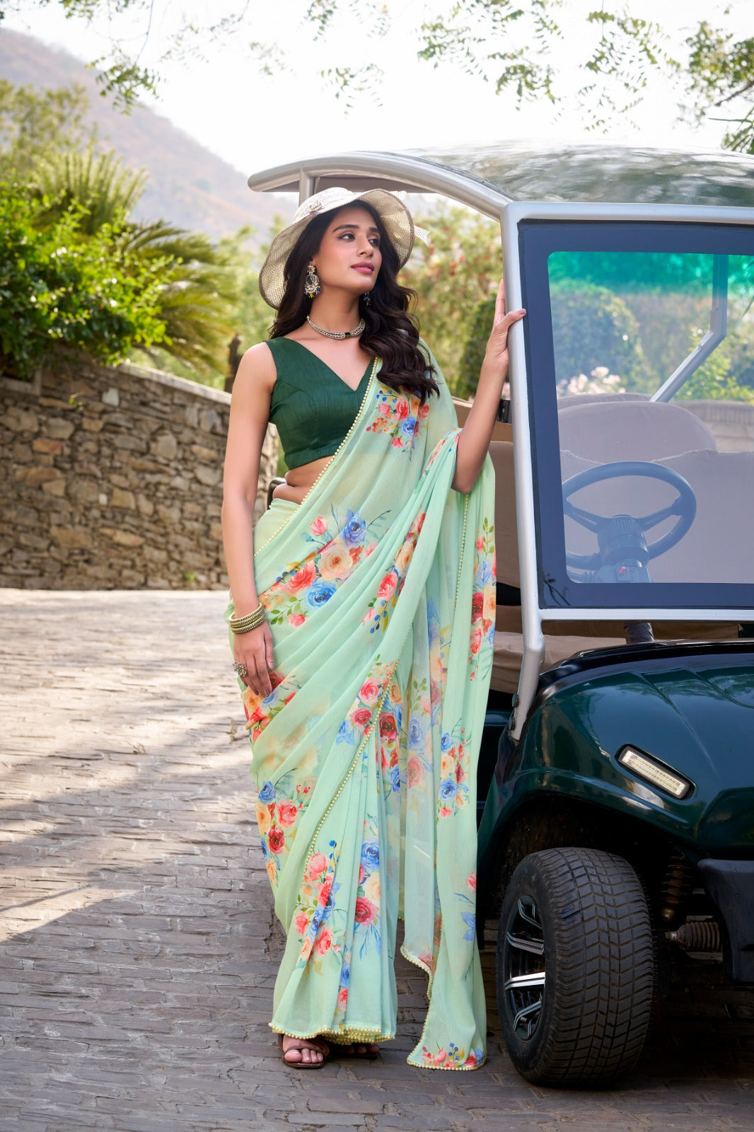 Pista Graceful Weightless Marble Saree with Floral Print & Pearl Lace Border – Includes Banglory Blouse Piece