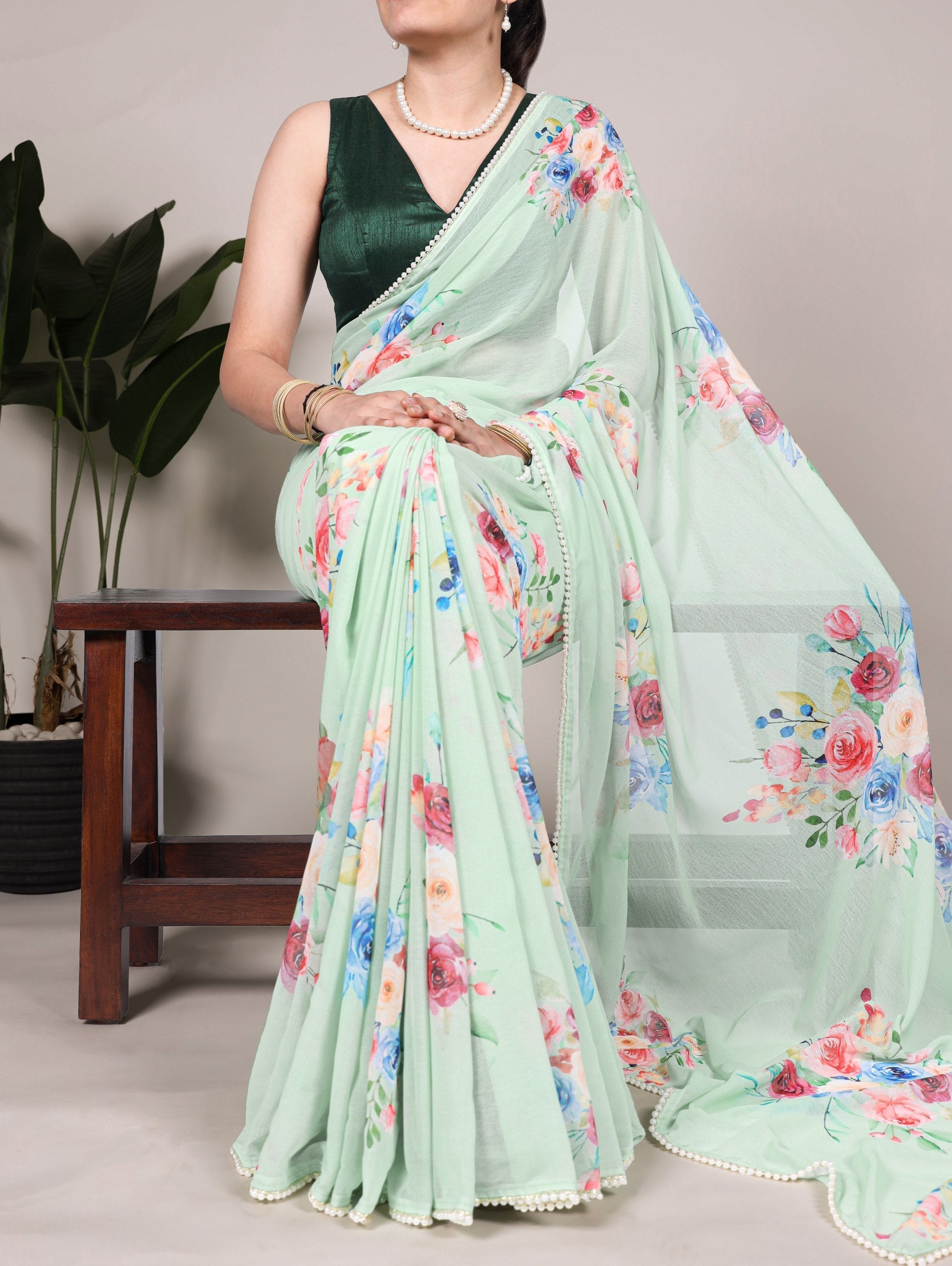 Pista Graceful Weightless Marble Saree with Floral Print & Pearl Lace Border – Includes Banglory Blouse Piece