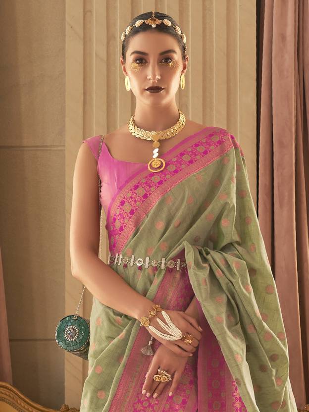 Pista Graceful Woven Banarasi Silk Blend Saree with Tassel Detailing