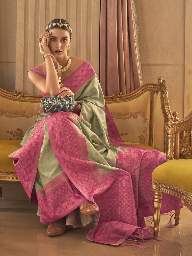 Pista Graceful Woven Banarasi Silk Blend Saree with Tassel Detailing