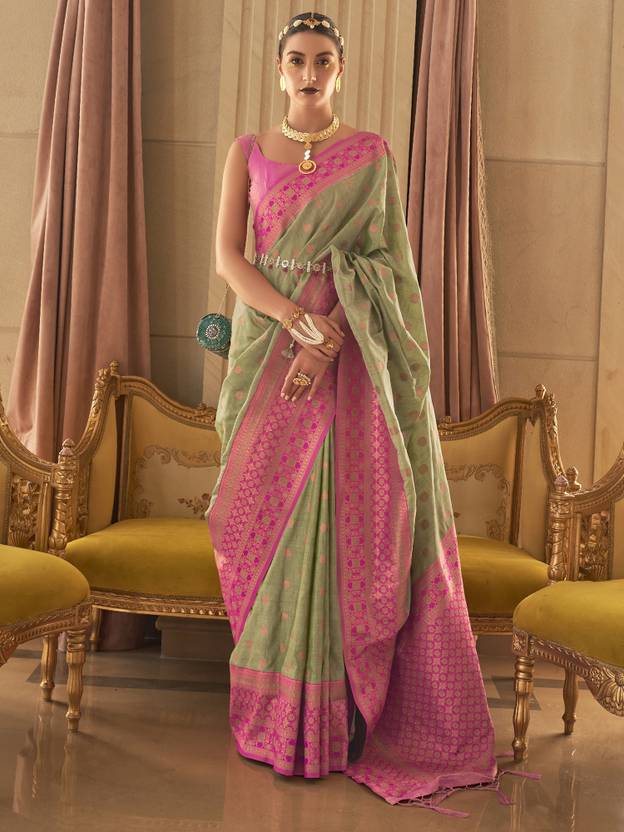 Pista Graceful Woven Banarasi Silk Blend Saree with Tassel Detailing