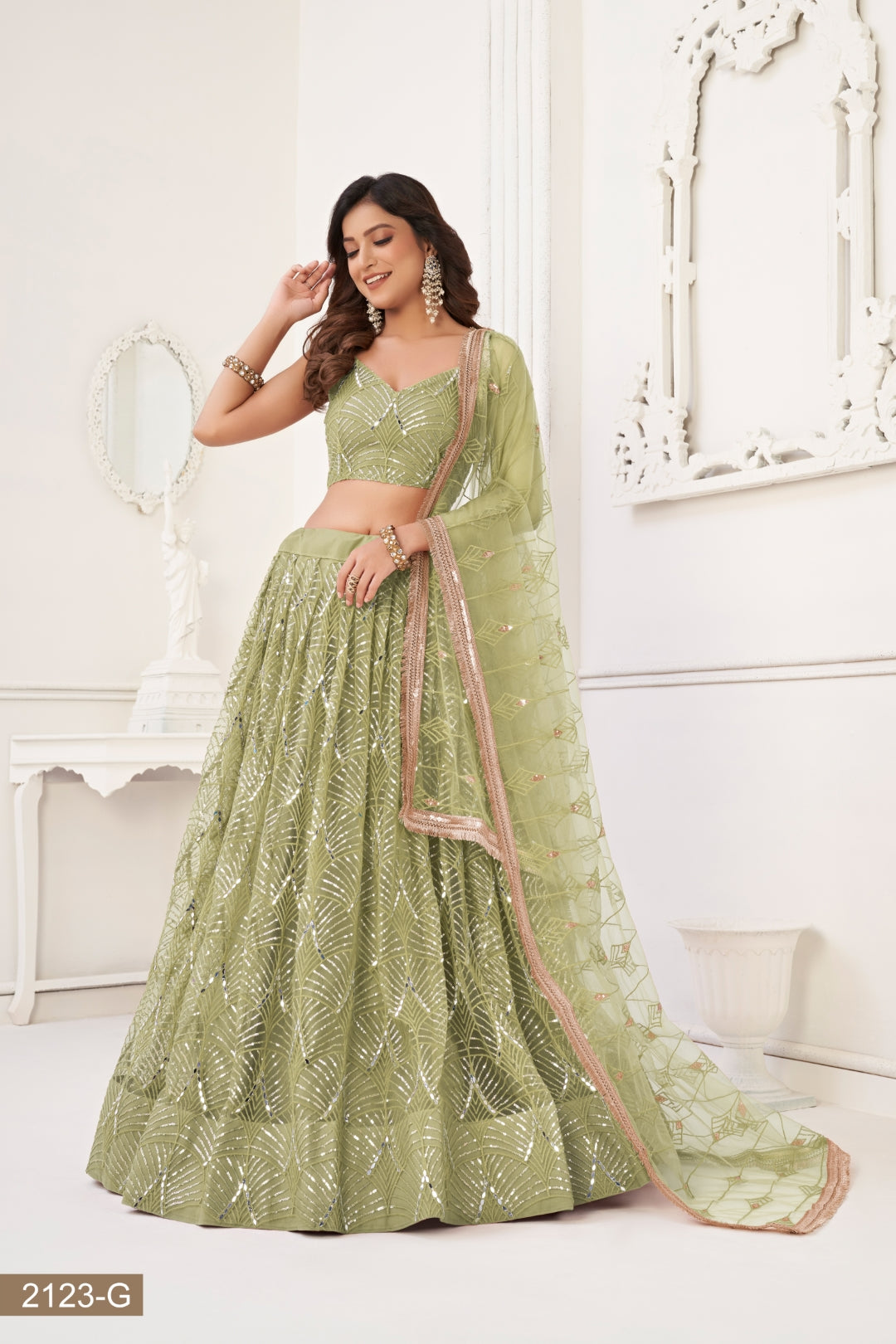 Pista Green Butterfly Net Lehenga with Tone-to-Tone Thread Work and Mirror Embroidery