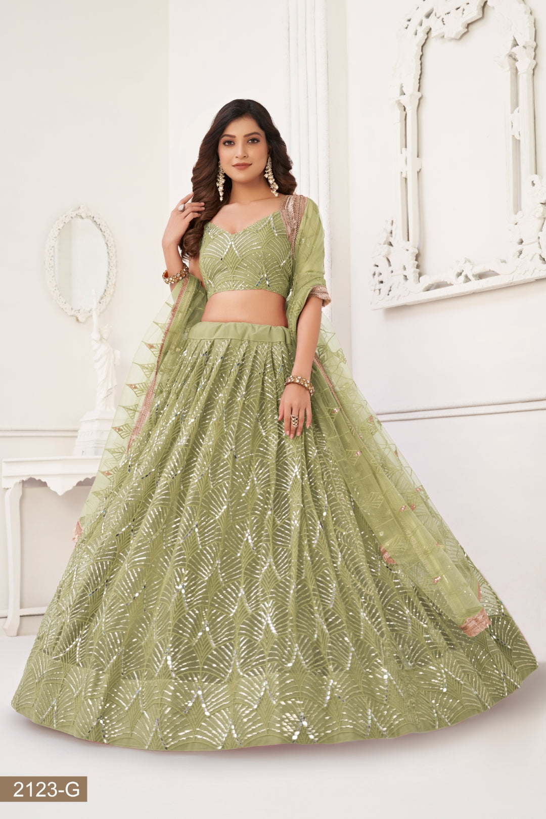 Pista Green Butterfly Net Lehenga with Tone-to-Tone Thread Work and Mirror Embroidery