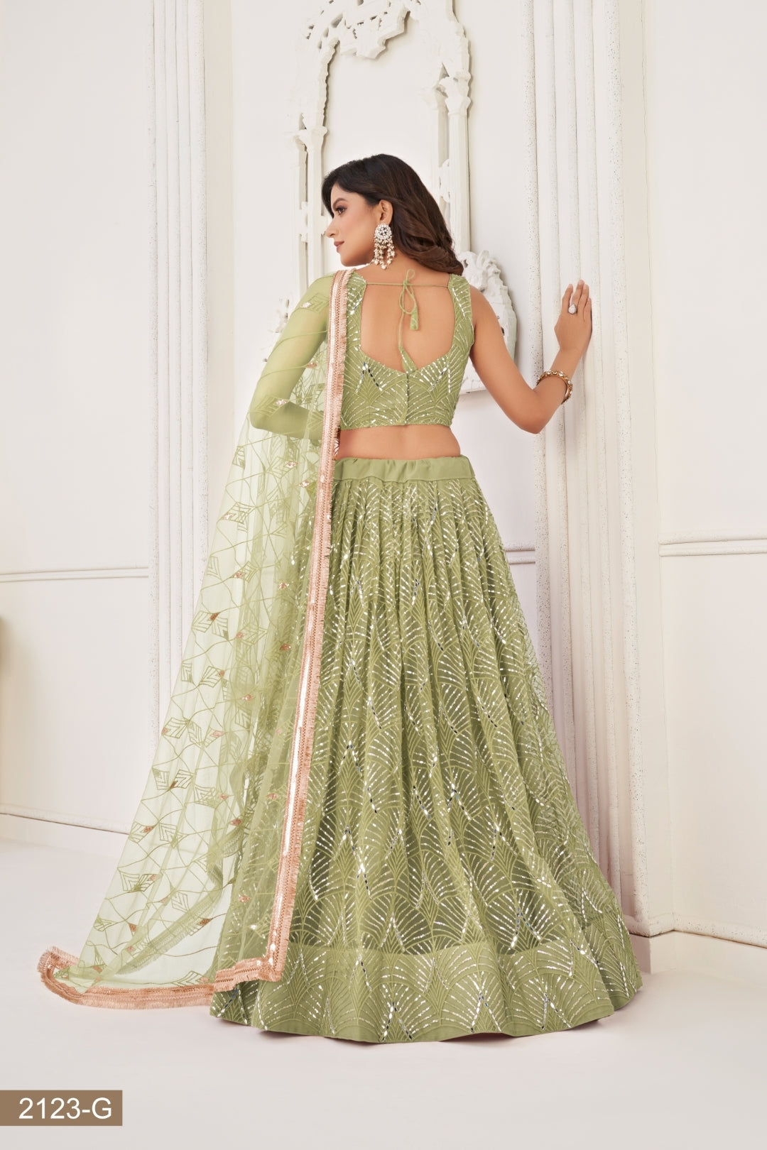 Pista Green Butterfly Net Lehenga with Tone-to-Tone Thread Work and Mirror Embroidery
