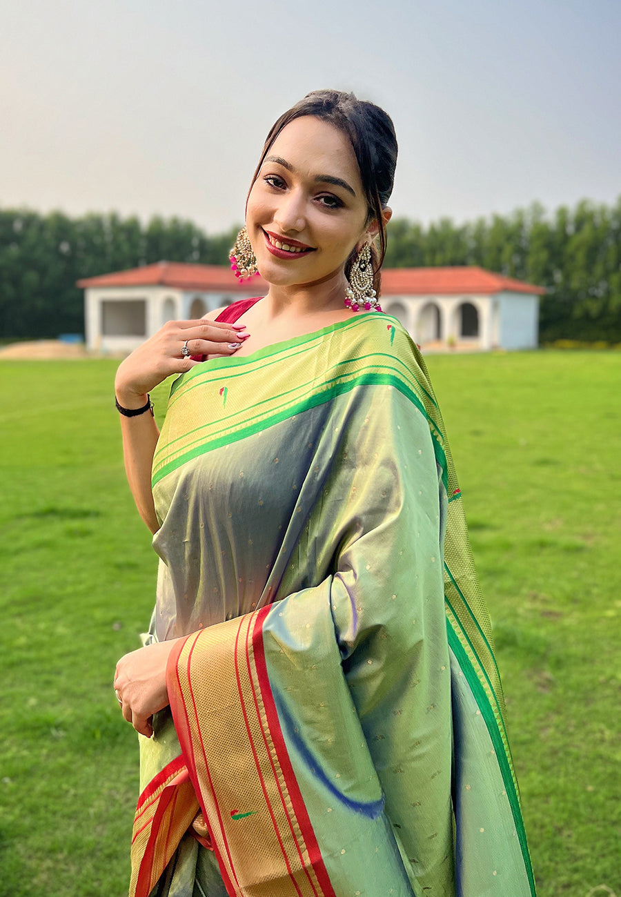 Pista Green Elegant Paithani Silk Saree with Jacquard Weaving