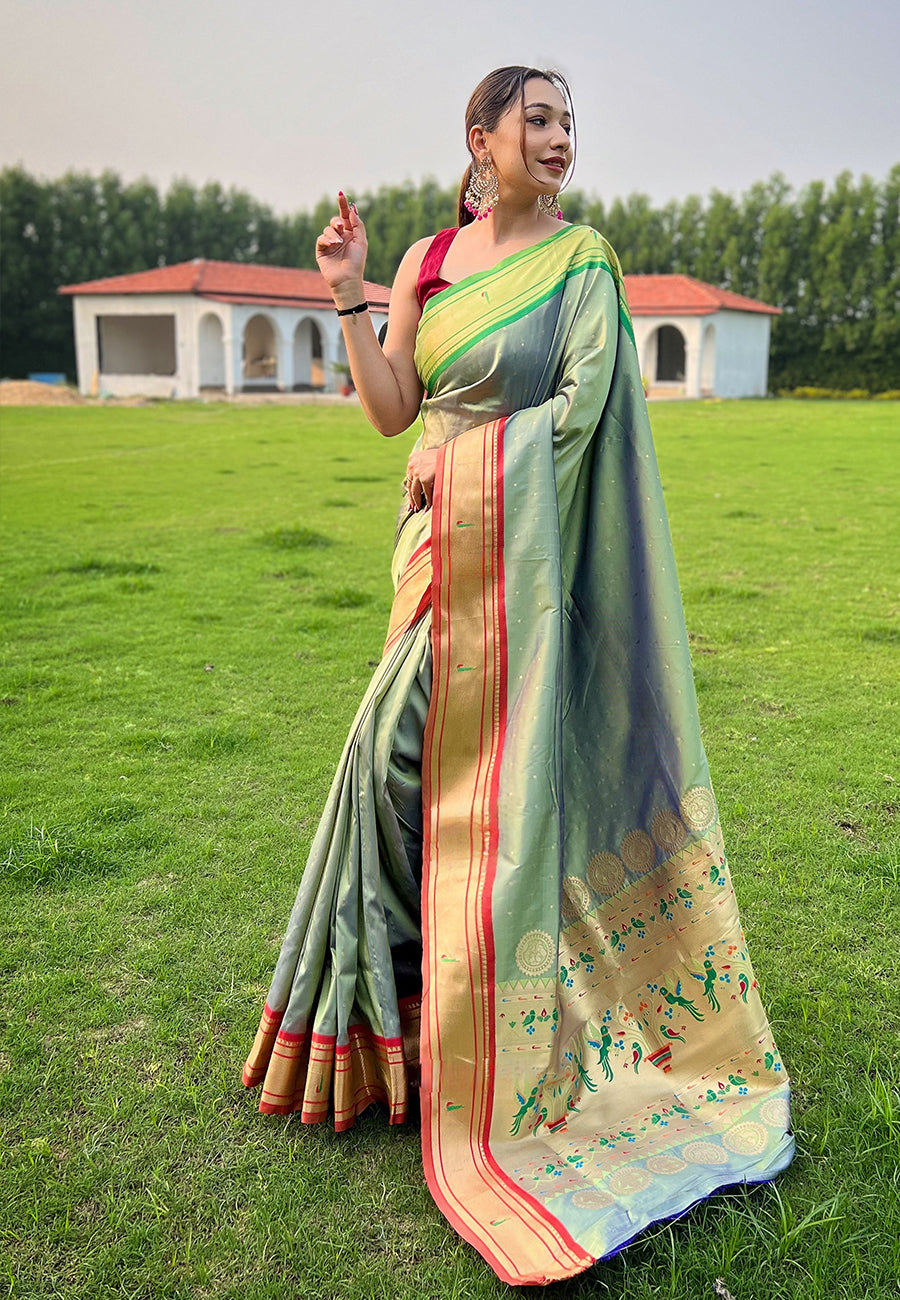 Pista Green Elegant Paithani Silk Saree with Jacquard Weaving
