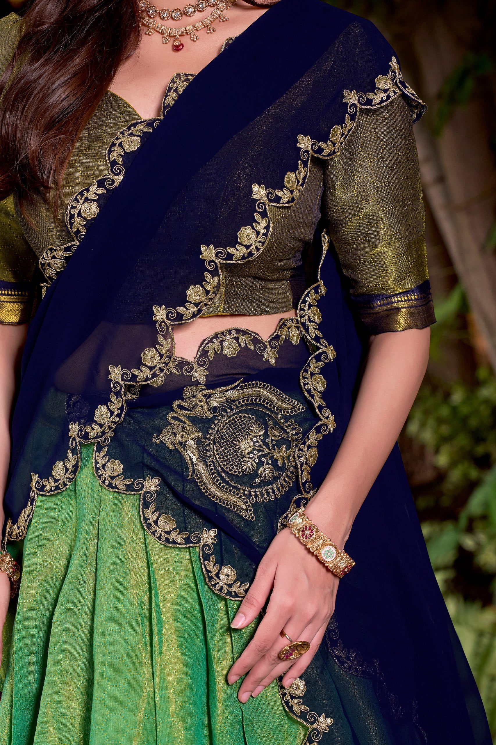 Pista Green Kanchipuram Zari Weaving Lehenga with Navy Blue Embroidered Georgette Dupatta