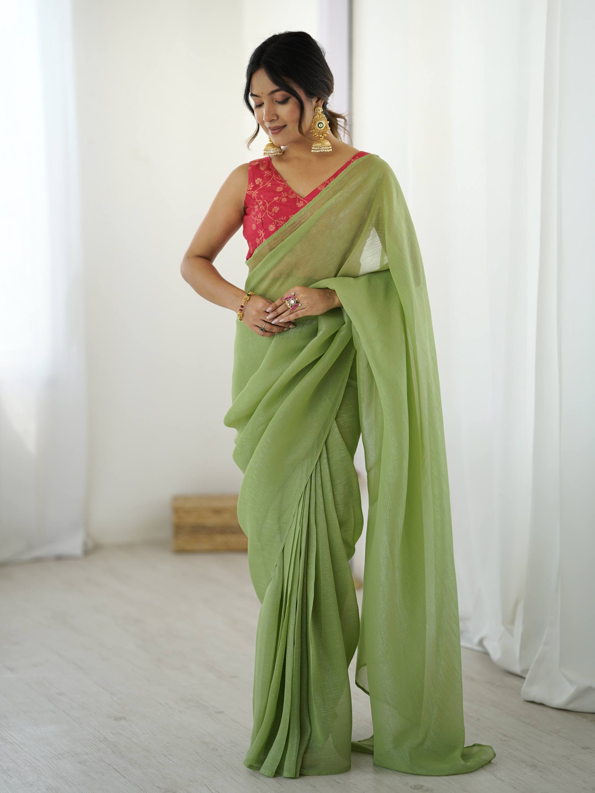 Pista Green Sparkle Silk Ready-to-Wear Saree with Adjustable Hooks & Heavy Banarasi Silk Stitched Blouse – Effortless Elegance for Every Occasion