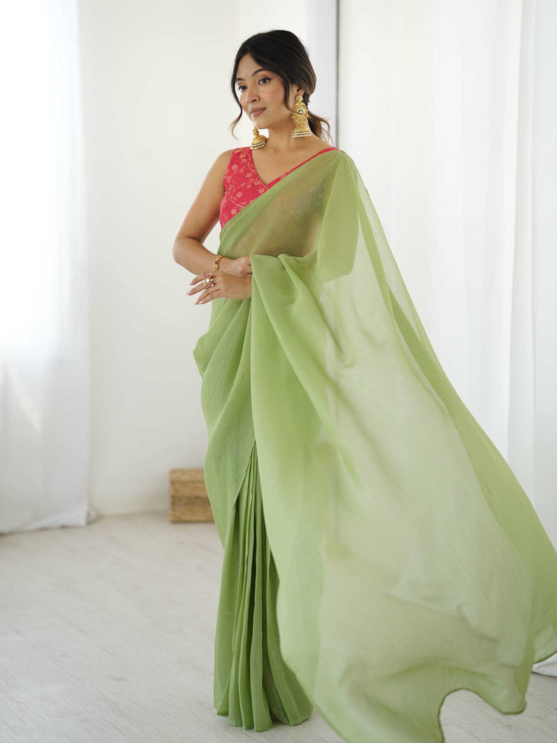 Pista Green Sparkle Silk Ready-to-Wear Saree with Adjustable Hooks & Heavy Banarasi Silk Stitched Blouse – Effortless Elegance for Every Occasion