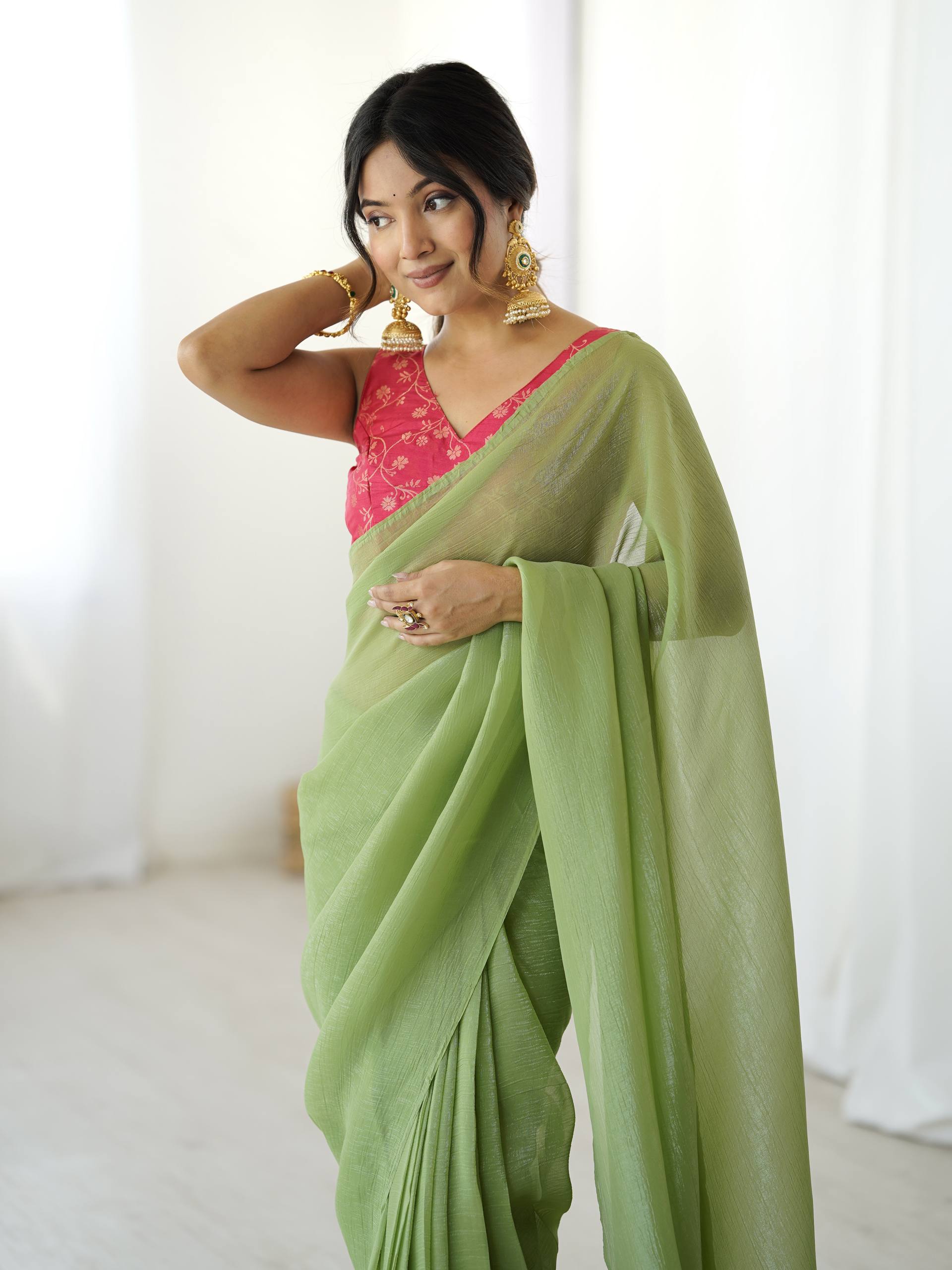 Pista Green Sparkle Silk Ready-to-Wear Saree with Adjustable Hooks & Heavy Banarasi Silk Stitched Blouse – Effortless Elegance for Every Occasion