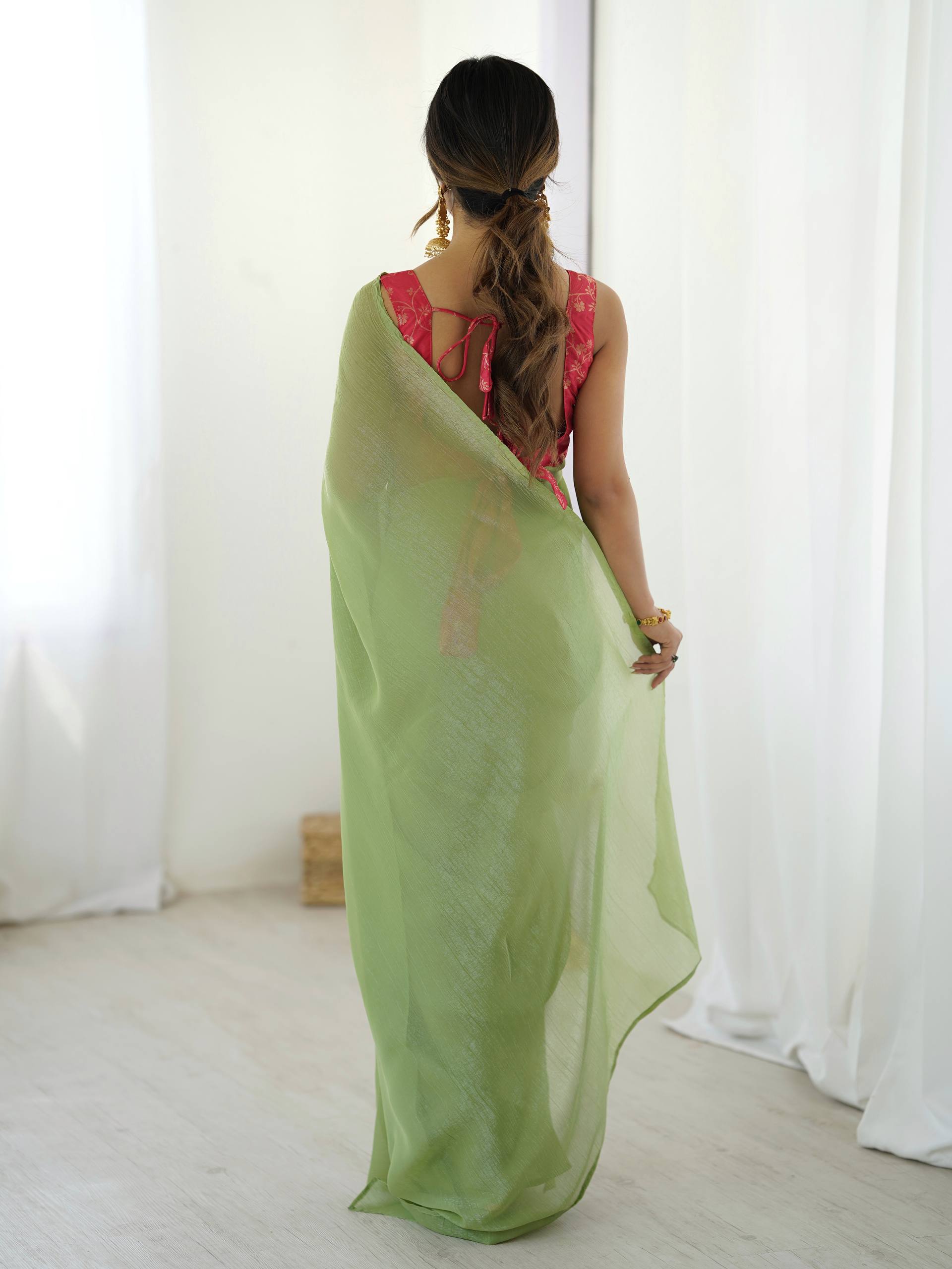 Pista Green Sparkle Silk Ready-to-Wear Saree with Adjustable Hooks & Heavy Banarasi Silk Stitched Blouse – Effortless Elegance for Every Occasion