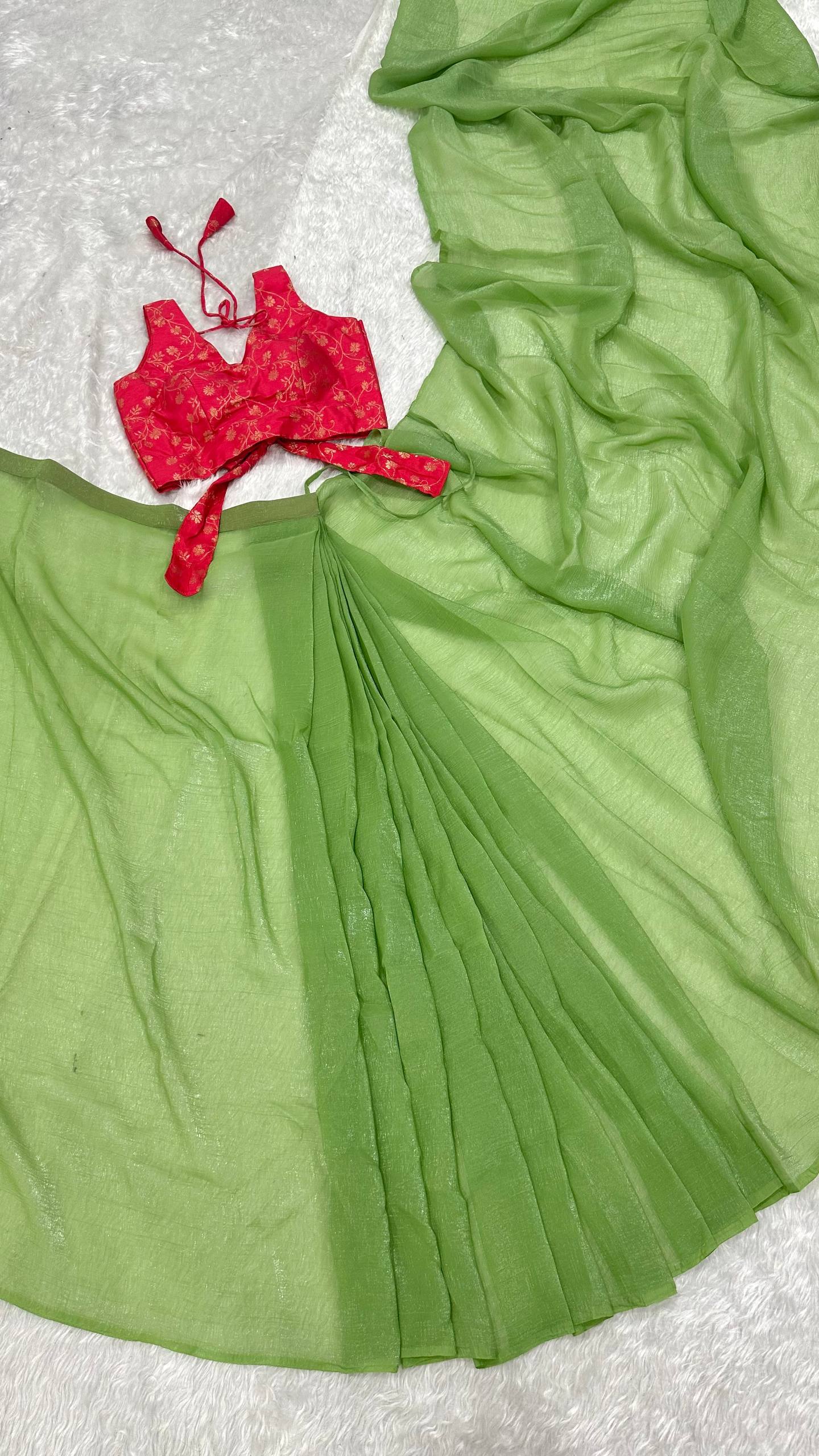 Pista Green Sparkle Silk Ready-to-Wear Saree with Adjustable Hooks & Heavy Banarasi Silk Stitched Blouse – Effortless Elegance for Every Occasion