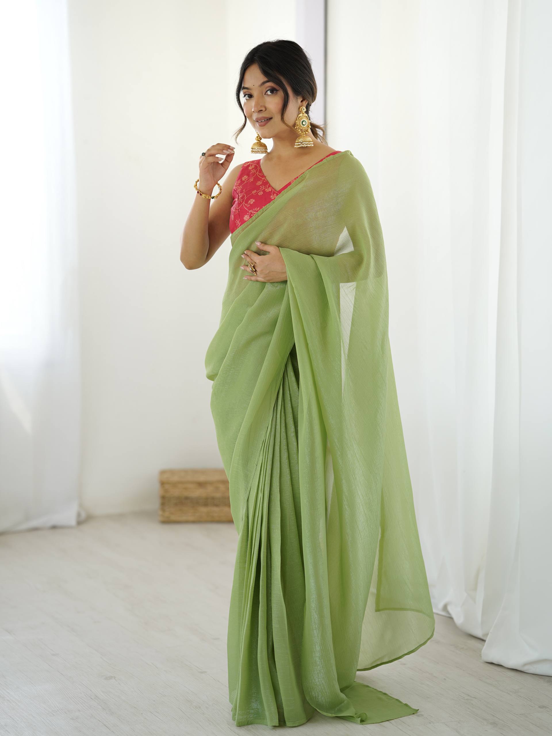 Pista Green Sparkle Silk Ready-to-Wear Saree with Adjustable Hooks & Heavy Banarasi Silk Stitched Blouse – Effortless Elegance for Every Occasion