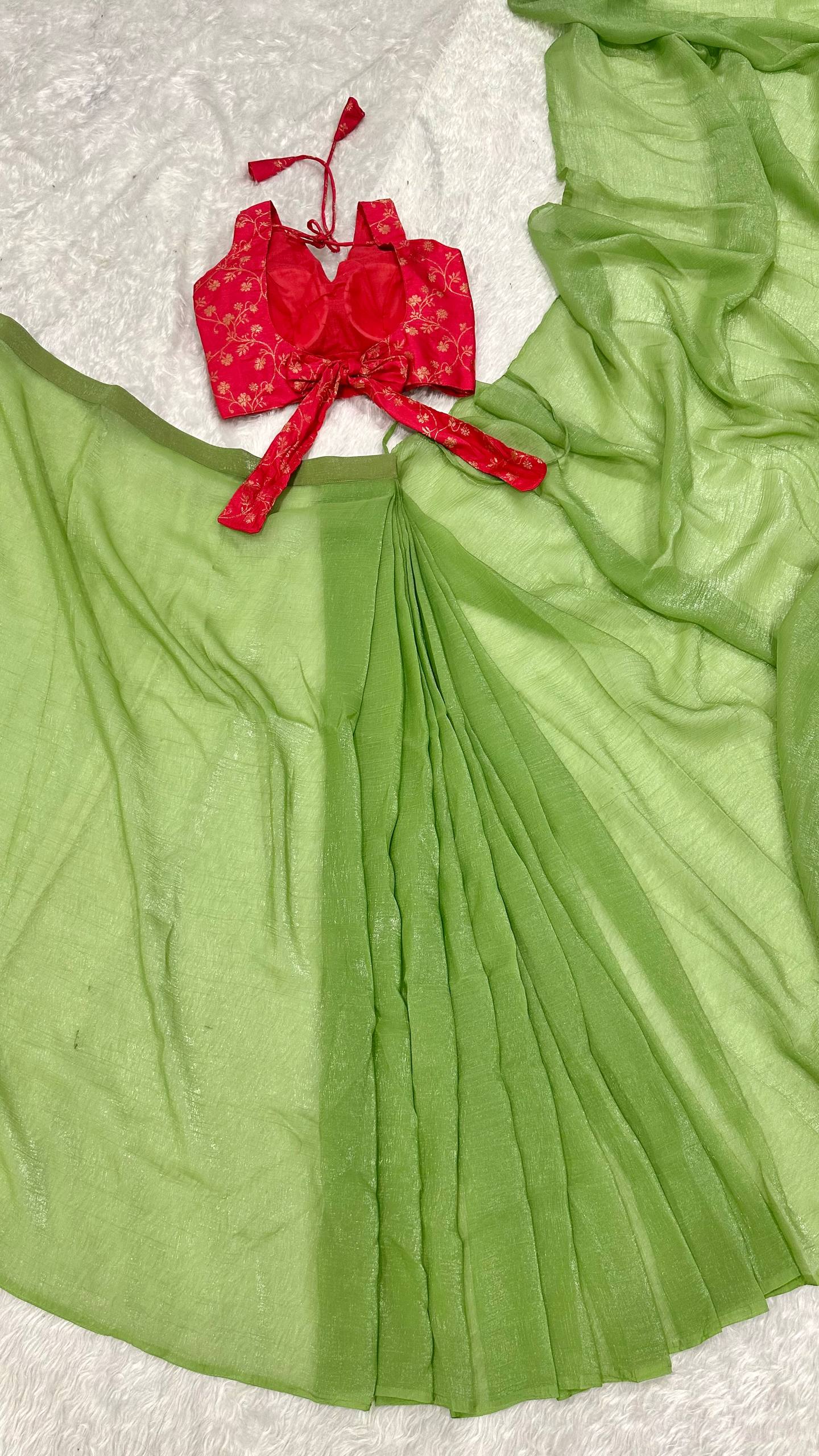 Pista Green Sparkle Silk Ready-to-Wear Saree with Adjustable Hooks & Heavy Banarasi Silk Stitched Blouse – Effortless Elegance for Every Occasion