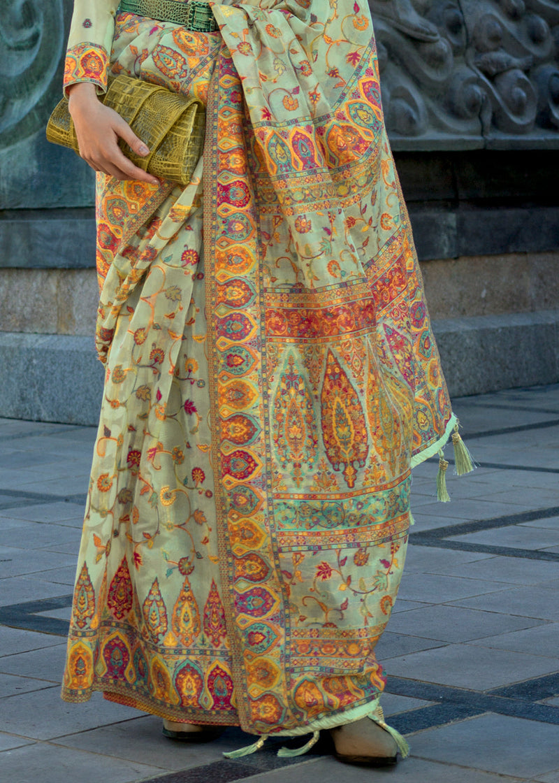 Pista Jamawar Woven Organza Silk Saree – Traditional Elegance with Blouse Piece