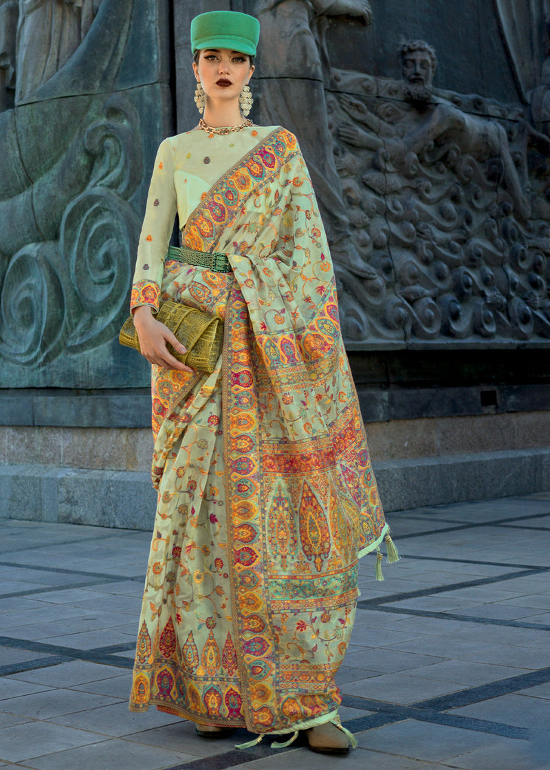 Pista Jamawar Woven Organza Silk Saree – Traditional Elegance with Blouse Piece