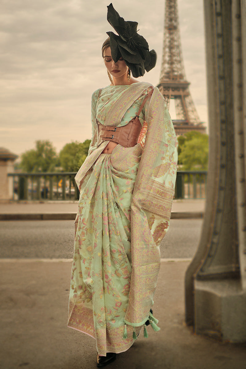 Pista Kashmiri Satin Organza Handloom Weaving Saree with Unstitched Blouse