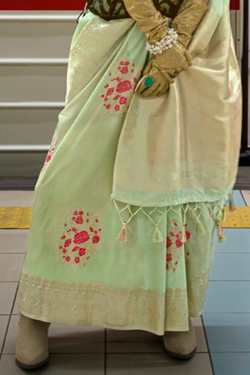 Pista Katan Handloom Silk Saree with Blouse Piece